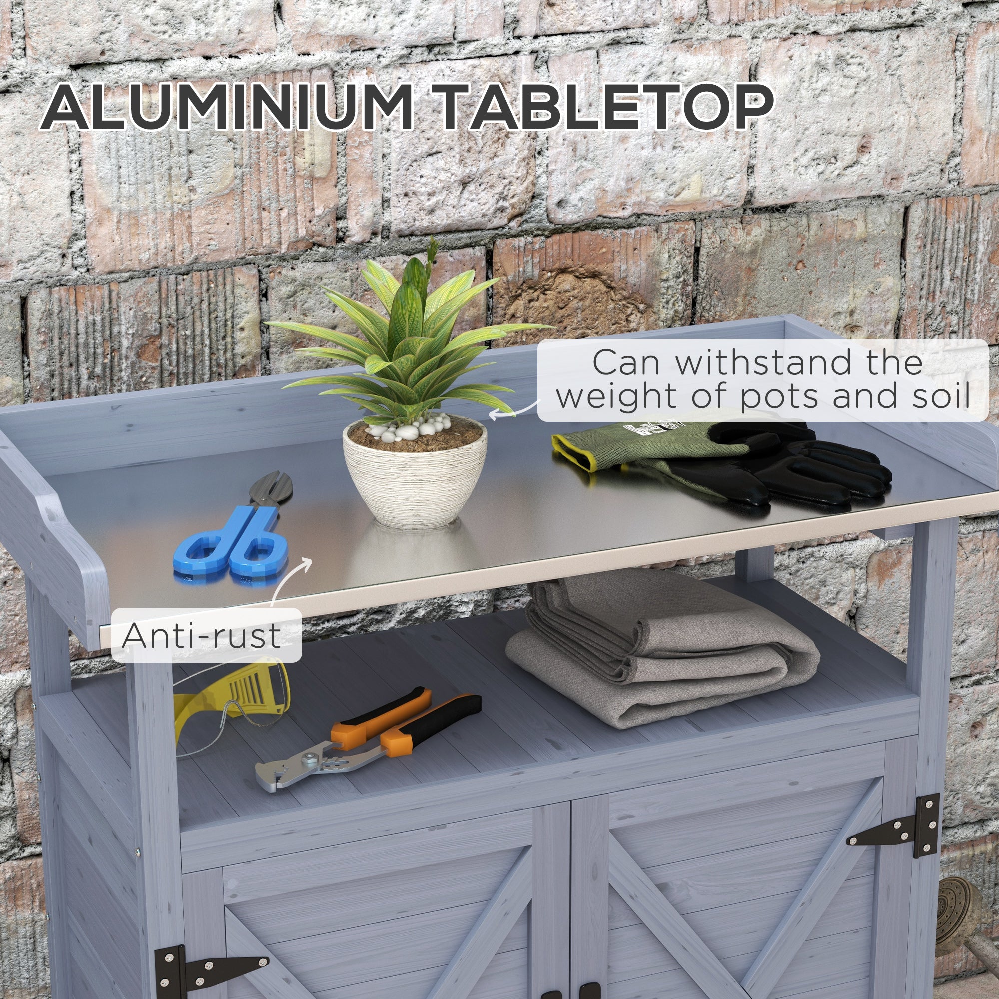 Outdoor Wooden Potting Bench with Storage Cabinet, Aluminum Tabletop, Rubber Wheels for Backyard, Patio, Balcony, Gray - Gray - Image 4