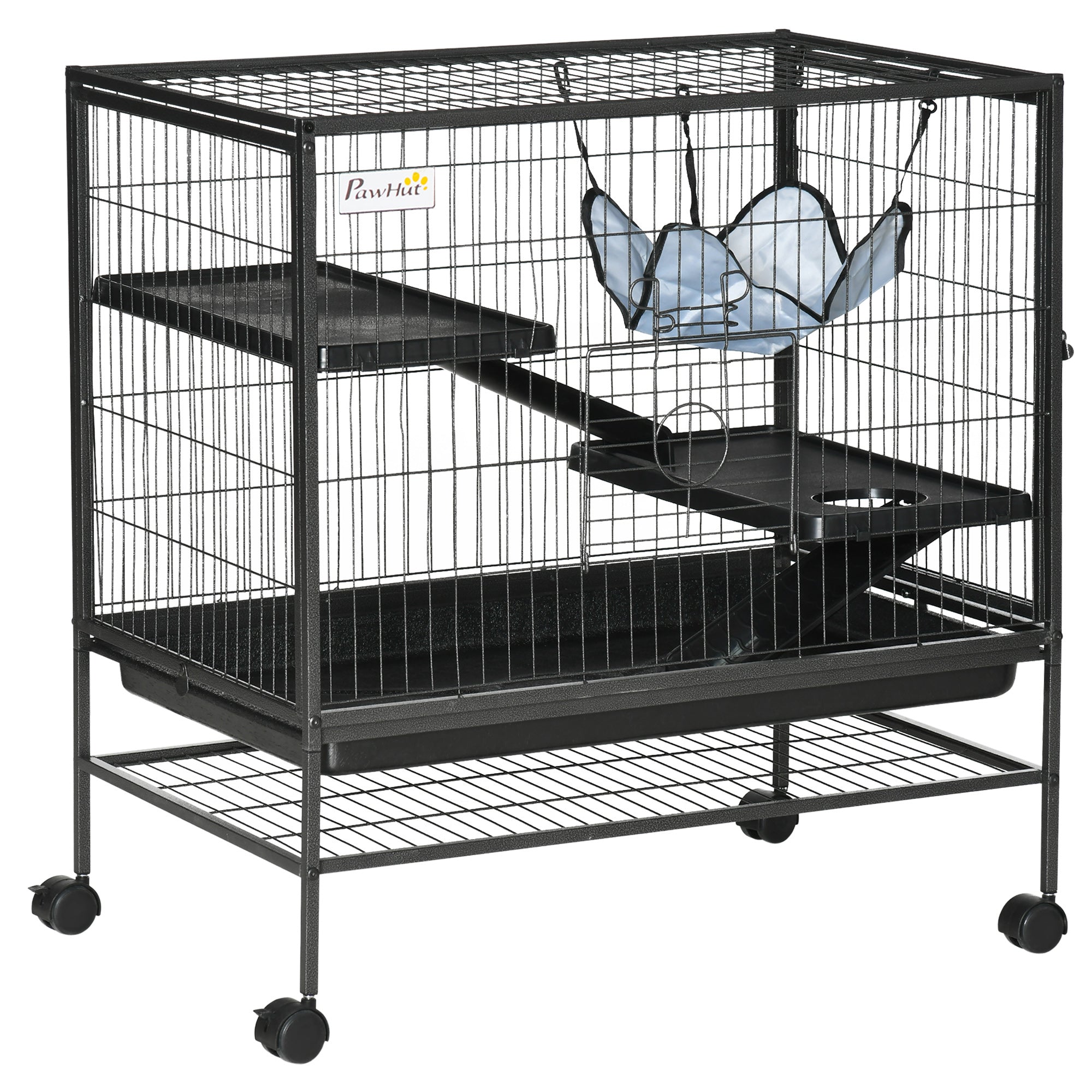 Small Animal Cage with Wheels, Pet Playpen for Rat, Syrian Hamster, Kitten, Ferrets, Chinchillas with Bottom Storage Shelf, Removable Tray, Ramp, 31.5" x 20.5" x 33.1" - Black