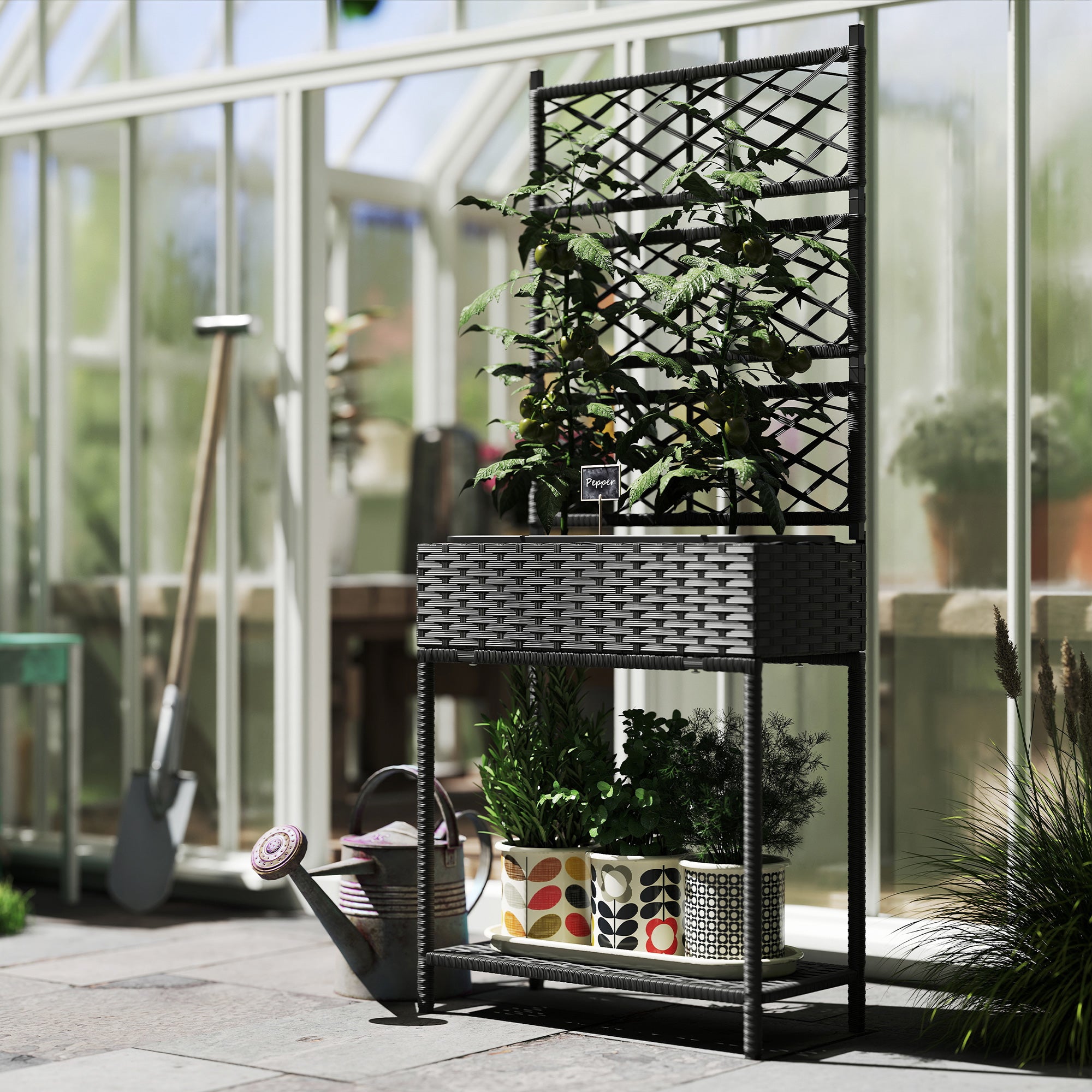 Outdoor Wicker Planter with Trellis for Climbing Plants, Freestanding Rattan Garden Box with Storage Shelf, Black - Black - Image 8