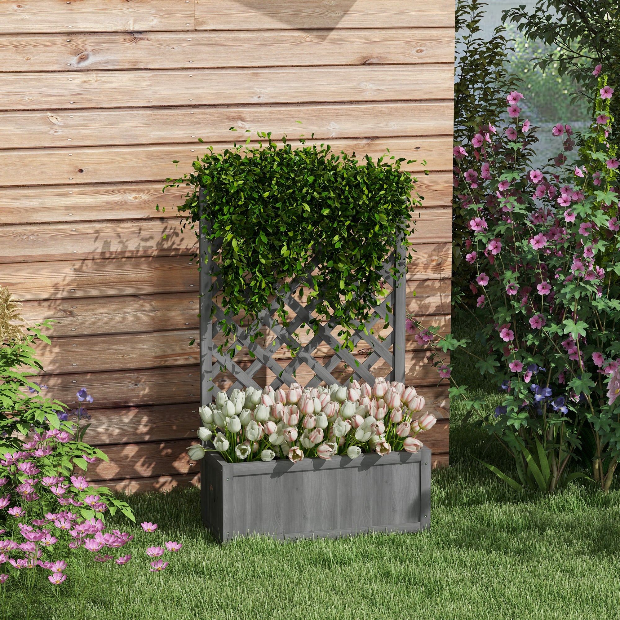 46" Wooden Planter with Trellis, Raised Garden Bed to Grow Vegetables, Herbs, Flowers for Backyard, Patio, Gray - Gray - Image 2