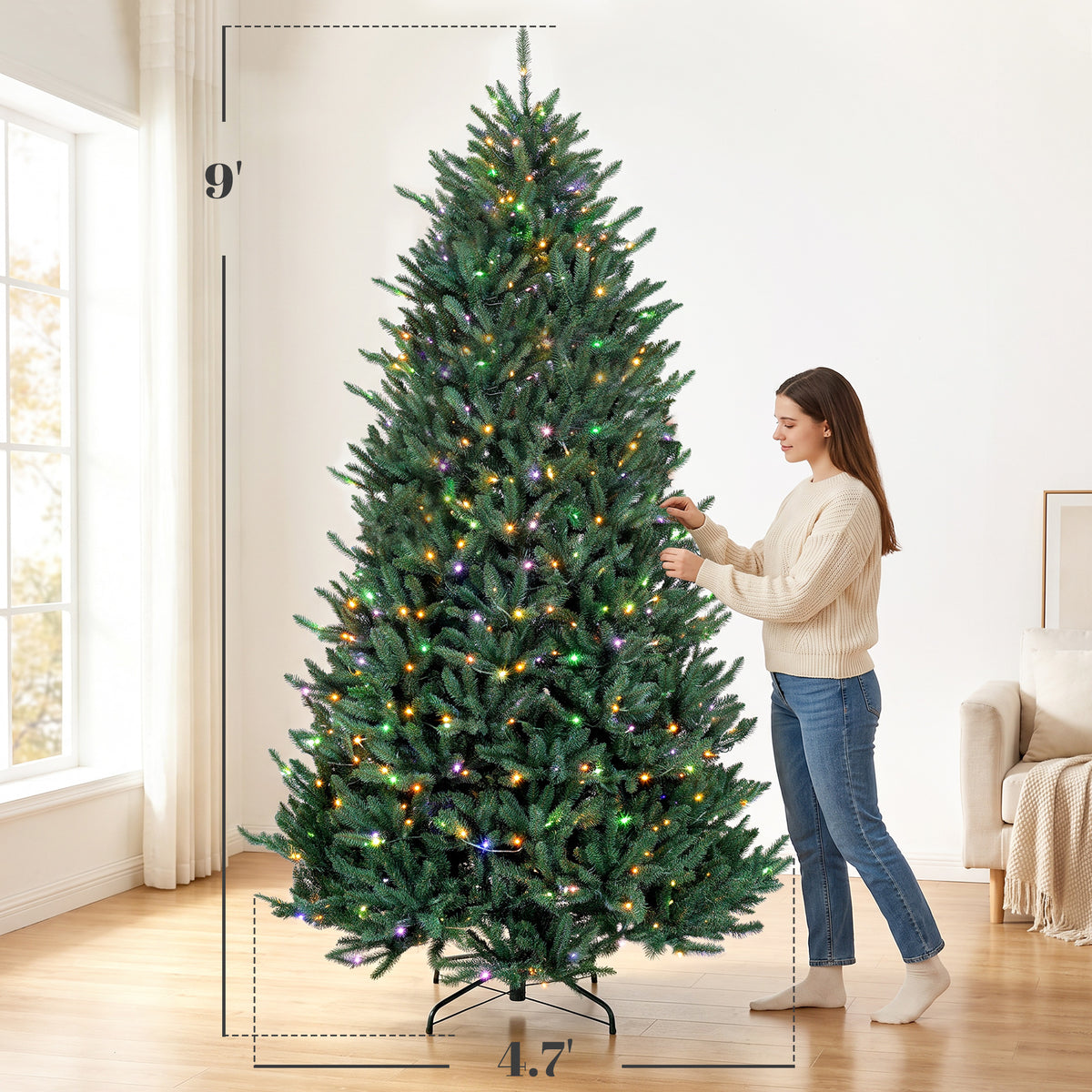 9ft Prelit Christmas Tree, Colorado Blue Spruce, Easy Plug, Hinged Xmas Tree with Warm White & Multi-Color LED Lights