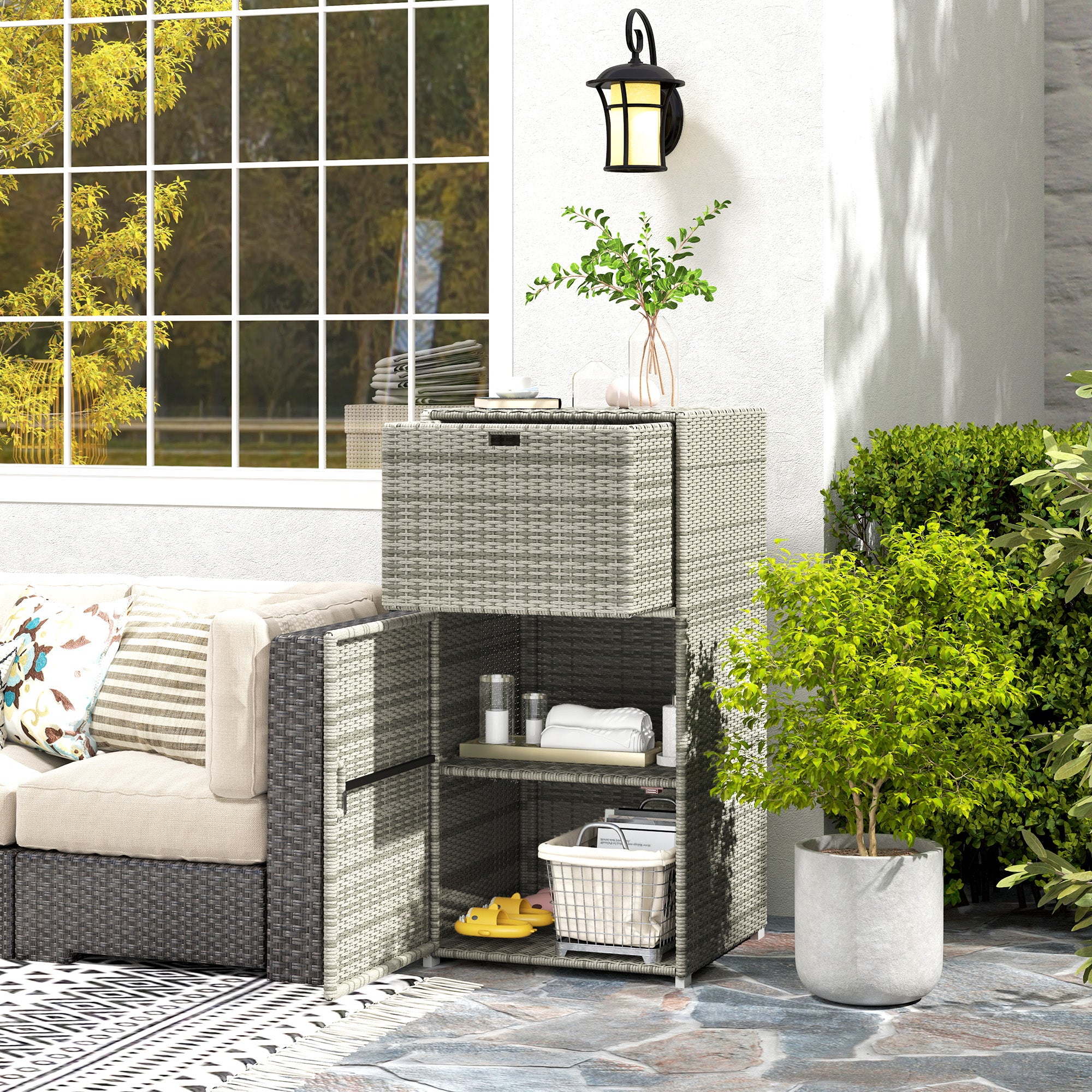 Outdoor Towel Rack for Pool w/ Drawer & Cabinet, Gray - Gray - Image 2