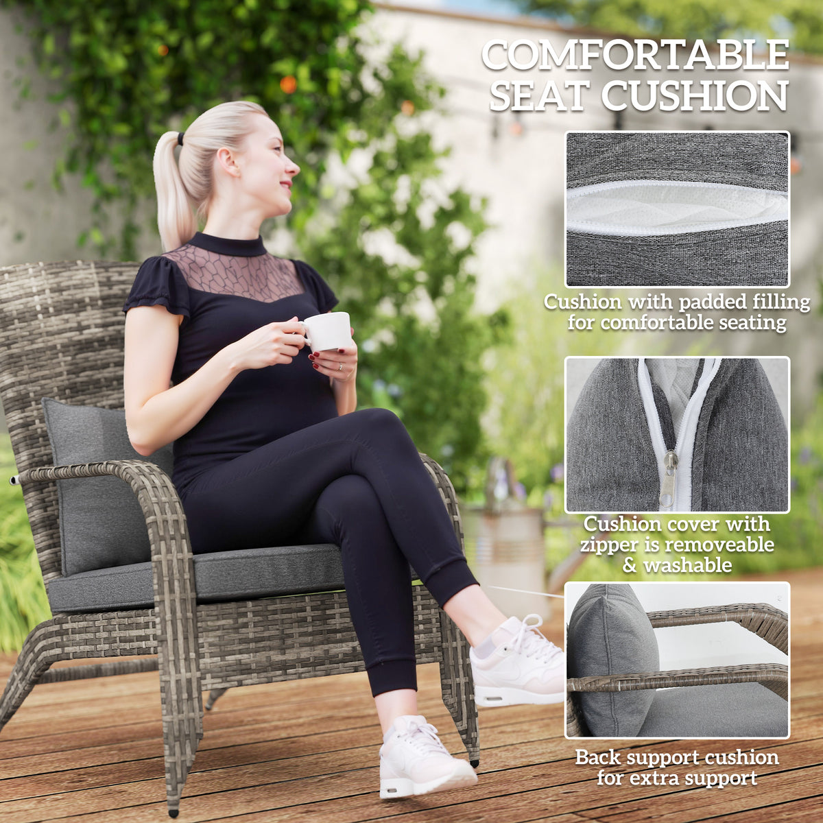 Wicker Adirondack Chair Fire Pit Chair w/ Ottoman & Cushions, Gray