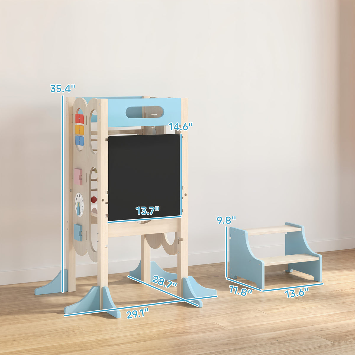 6-in-1 Toddler Kitchen Step Stool Helper, Montessori Toddler Standing Tower w/ Blackboard for 3-6 Year, Blue