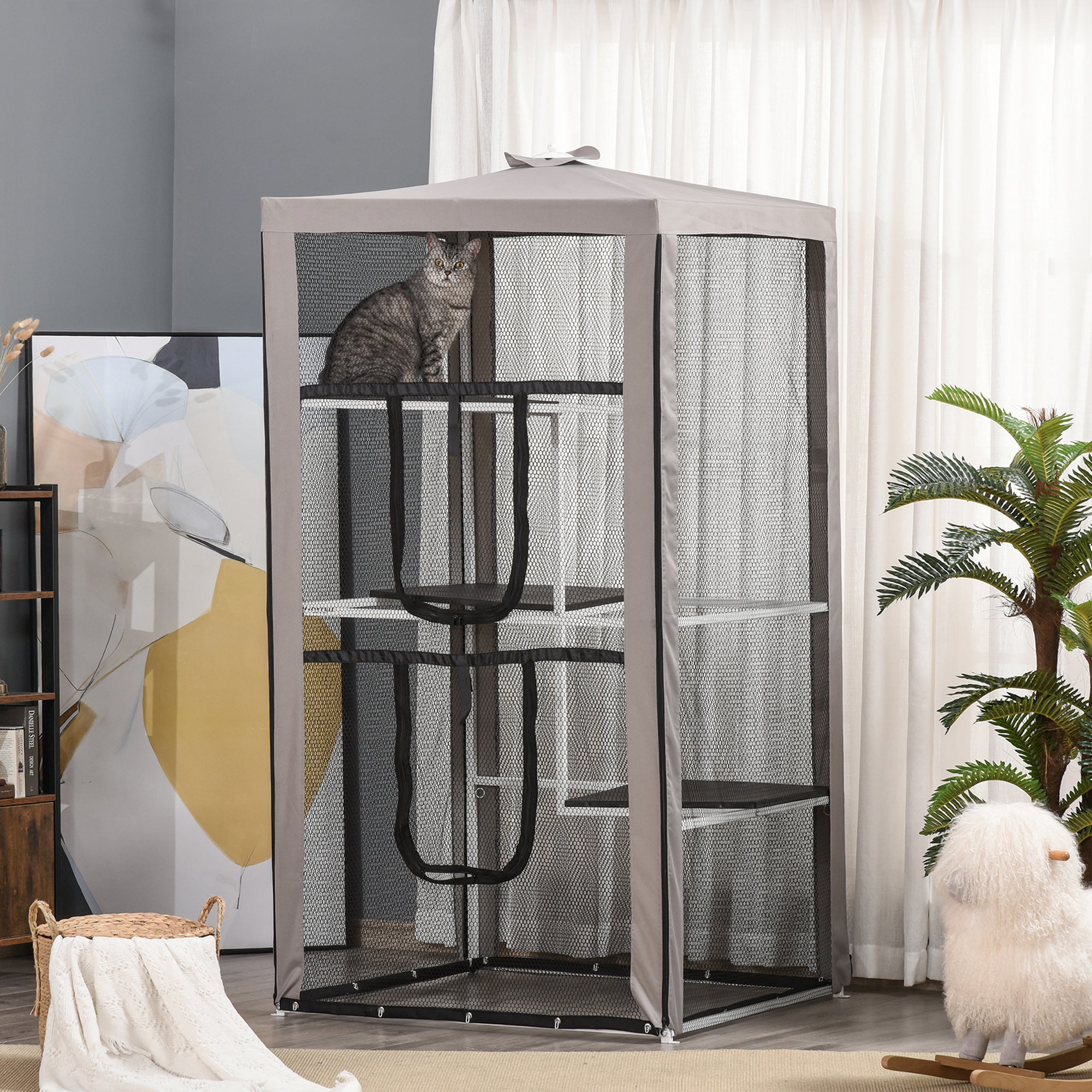 79"H Cat House Kitten Enclosure Mesh Playpen Steel Frame with 3 Platforms, 2 Doors and 4 Sandbags for Stability, Indoor/Outdoor - Grey, White and Black - Image 8