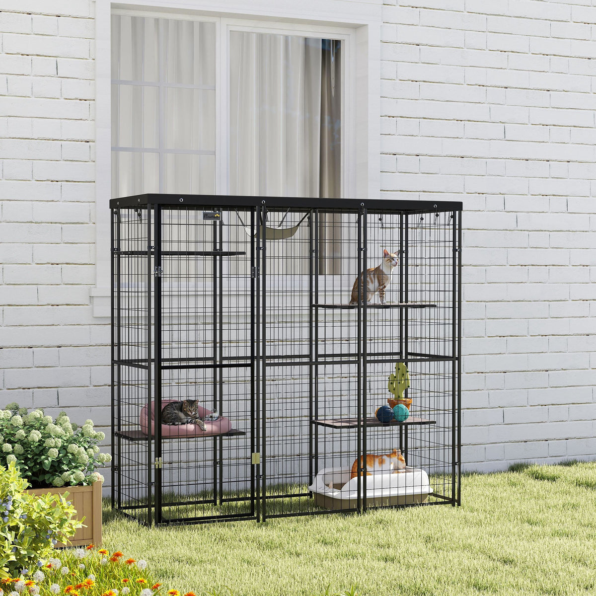 Weld Wire Catio Outdoor Indoor with Waterproof Cover, 4 Jumping Platforms, Hammock, for 1-3 Kittens, 69" x 22" x 62"