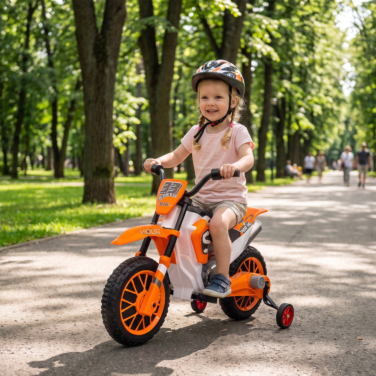 12V Kids Motorcycle with Dual Motors, Training Wheels, Rear Suspension, Soft Start, Max Speed 5 MPH, Ages 3-6, Orange