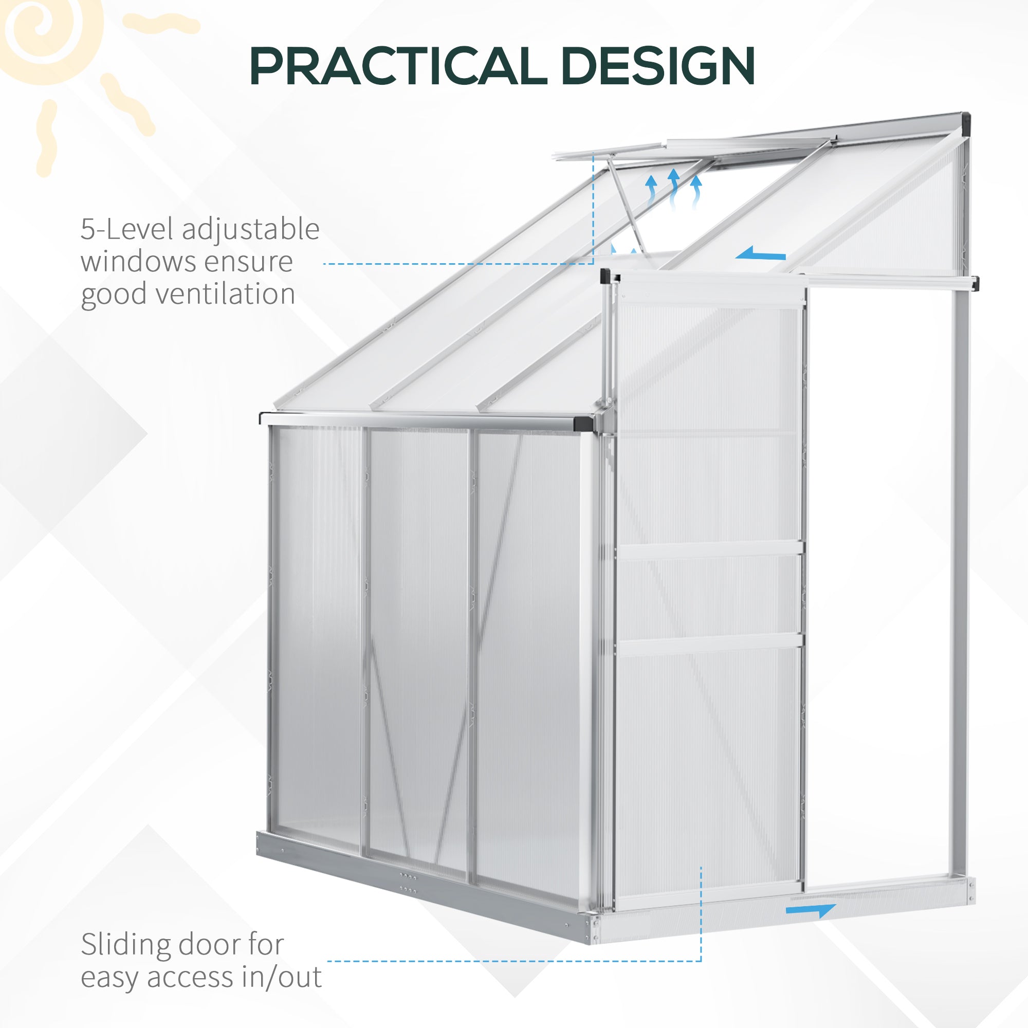 6' x 4' Aluminum Lean-to Greenhouse Polycarbonate Walk-in Garden Greenhouse with Adjustable Roof Vent, Rain Gutter and Sliding Door for Winter, Clear - Clear - Image 5