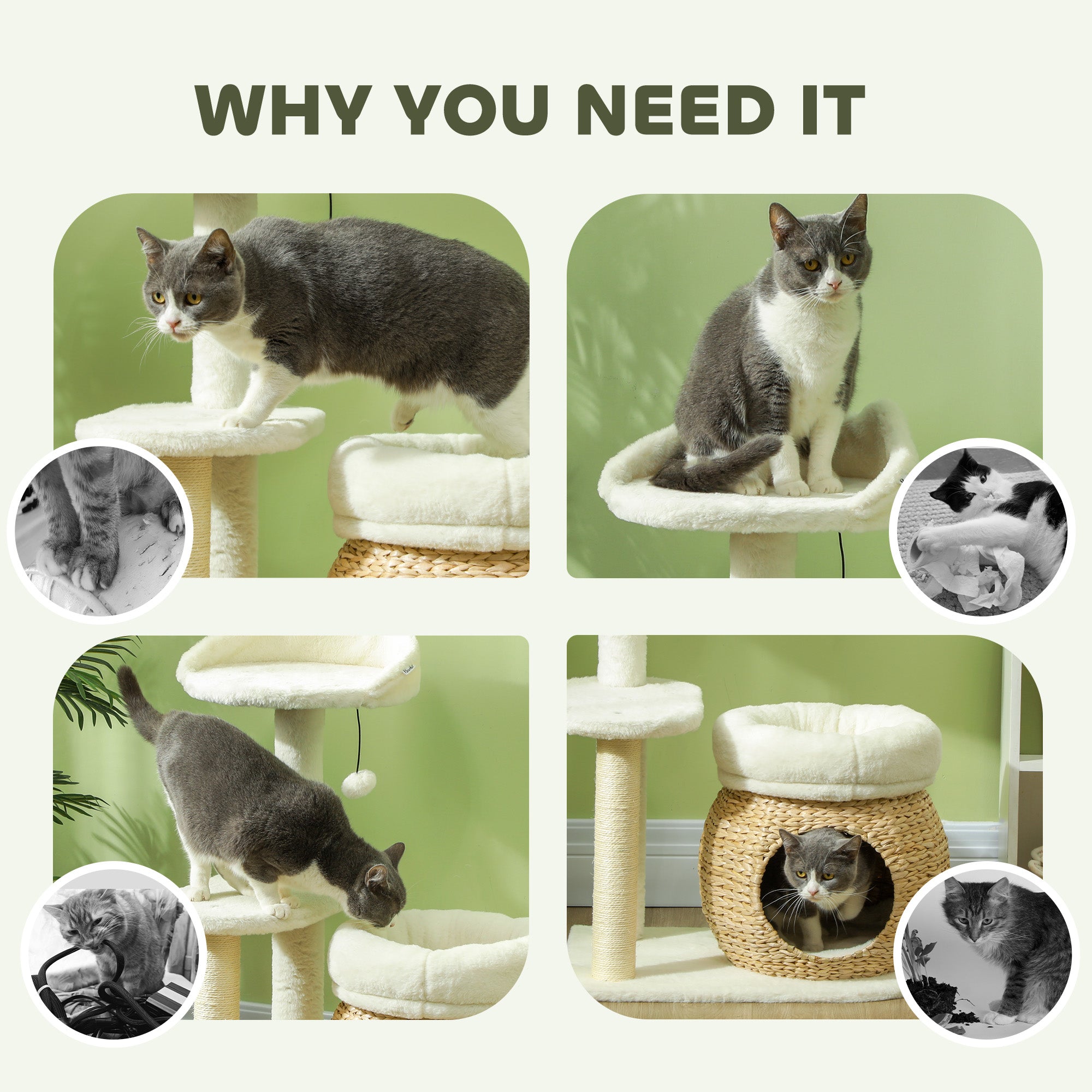 31" Cat Tree Tower with Scratching Posts, Cat Condo, Beds, Platform and Toy Ball for Indoor Cats, Cream White - Cream White - Image 6