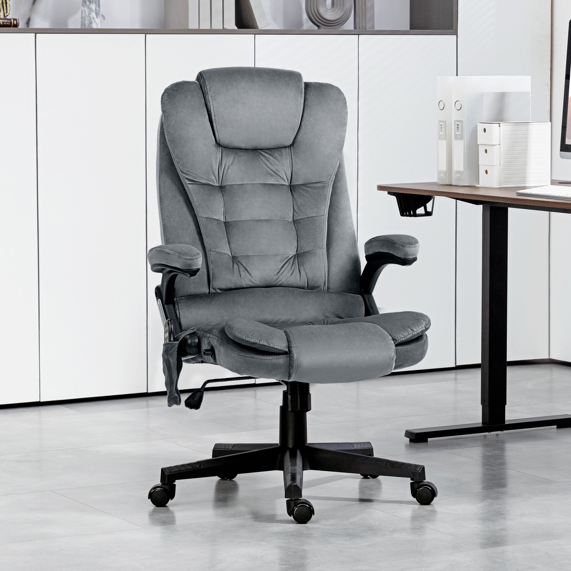 6 Point Executive Office Chair with Heat, Velvet High Back Vibrating Massage Office Chair, Dark Gray