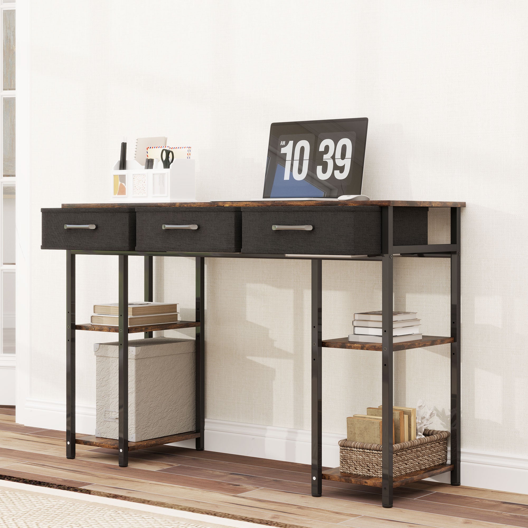 47" Small Computer Desk, Writing Desk with Fabric Drawers, Home Office Desk with Adjustable Shelves, Rustic Brown