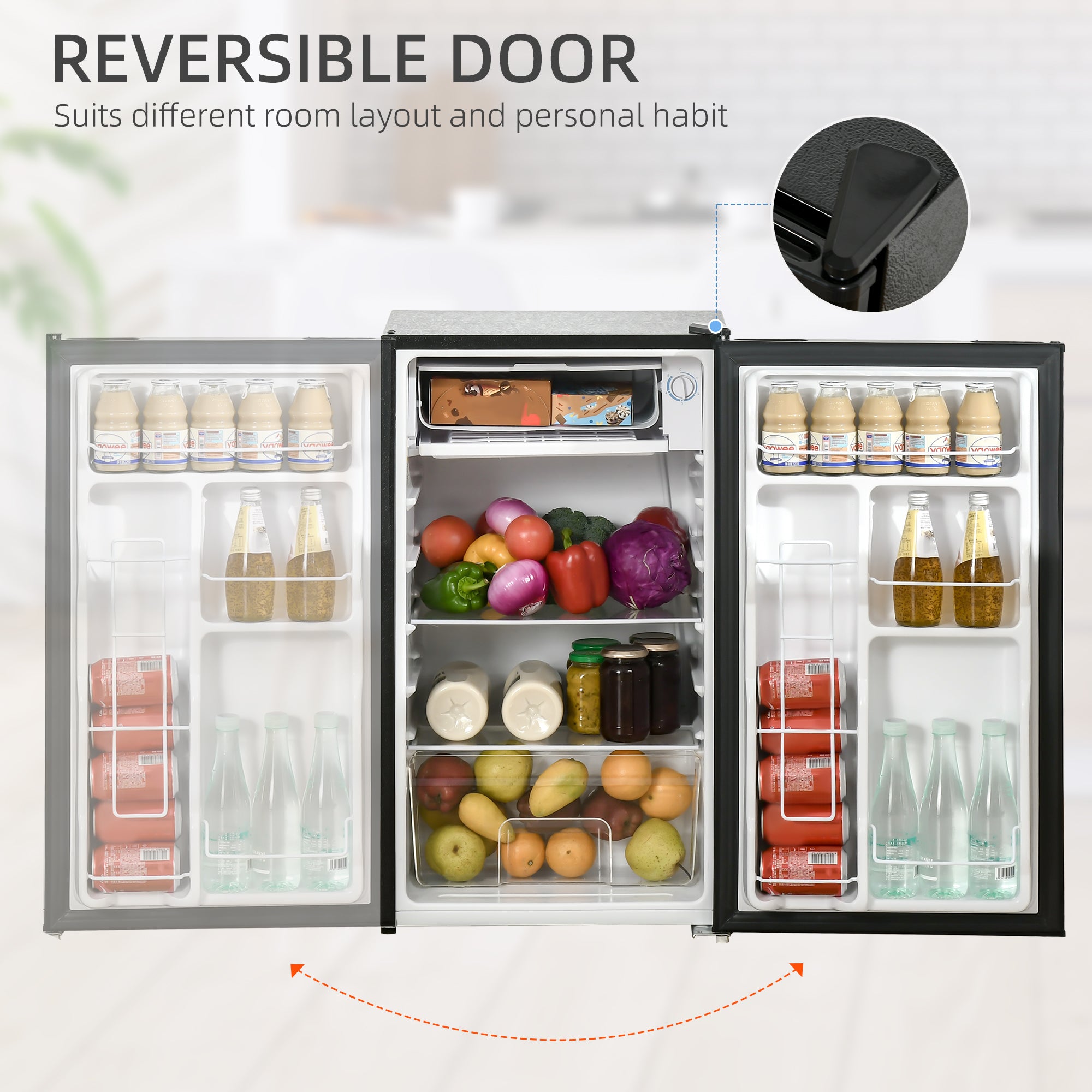 3.2 Cu.Ft Mini Fridge with Freezer, Compact Refrigerator with Adjustable Thermostat, Shelf and Single Reversible Door for Bedroom, Dorm, Home Office, Energy Efficient, Black