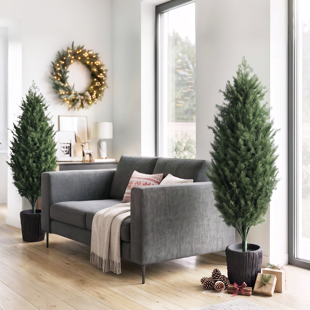 4ft Artificial Christmas Tree Set of 2, UV Resistant Faux Cedar Tree with 291 PE Branch Tips and Pot, Green