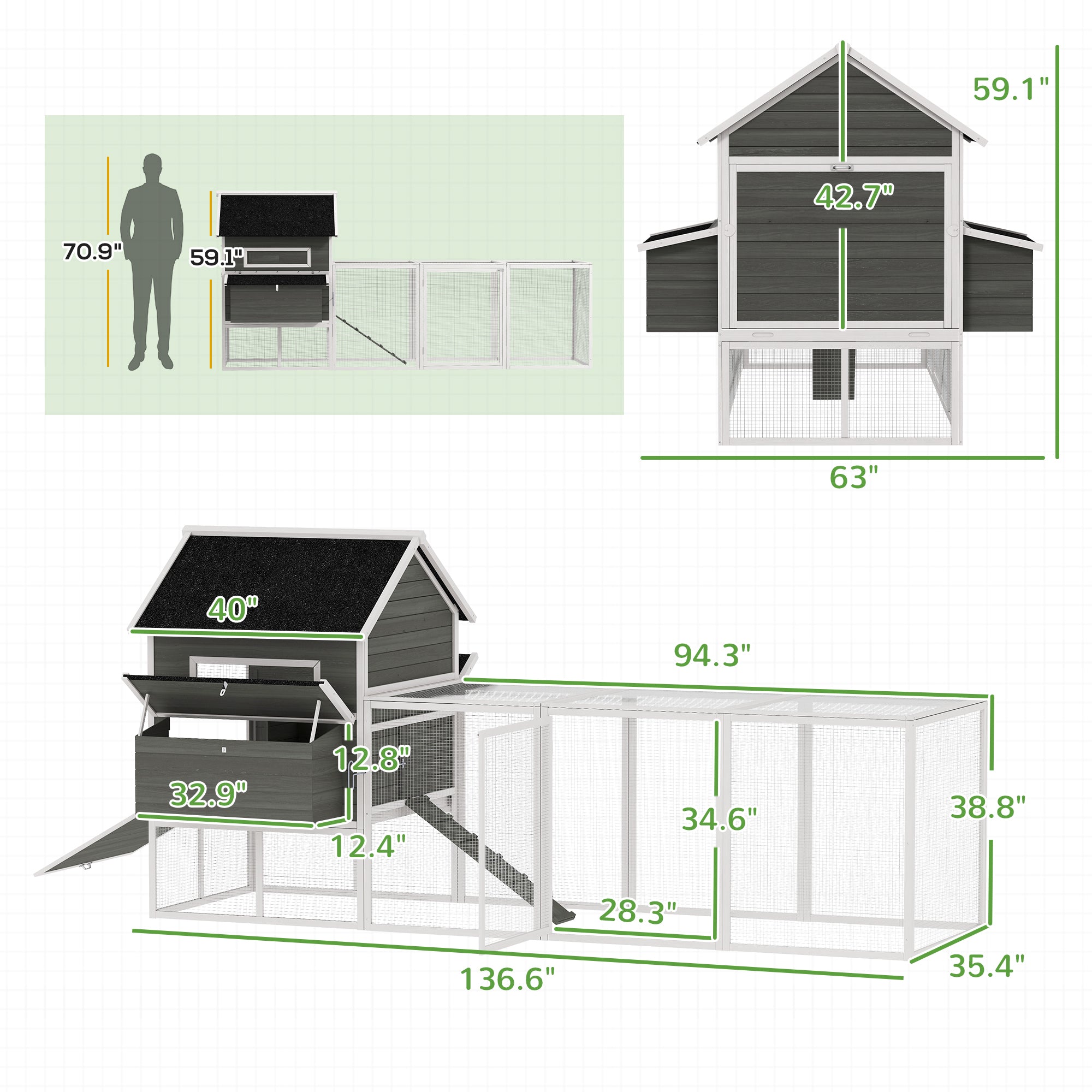 137" Wooden Chicken Coop for 8-10 Chickens, Backyard, Dark Gray - Dark Gray - Image 3