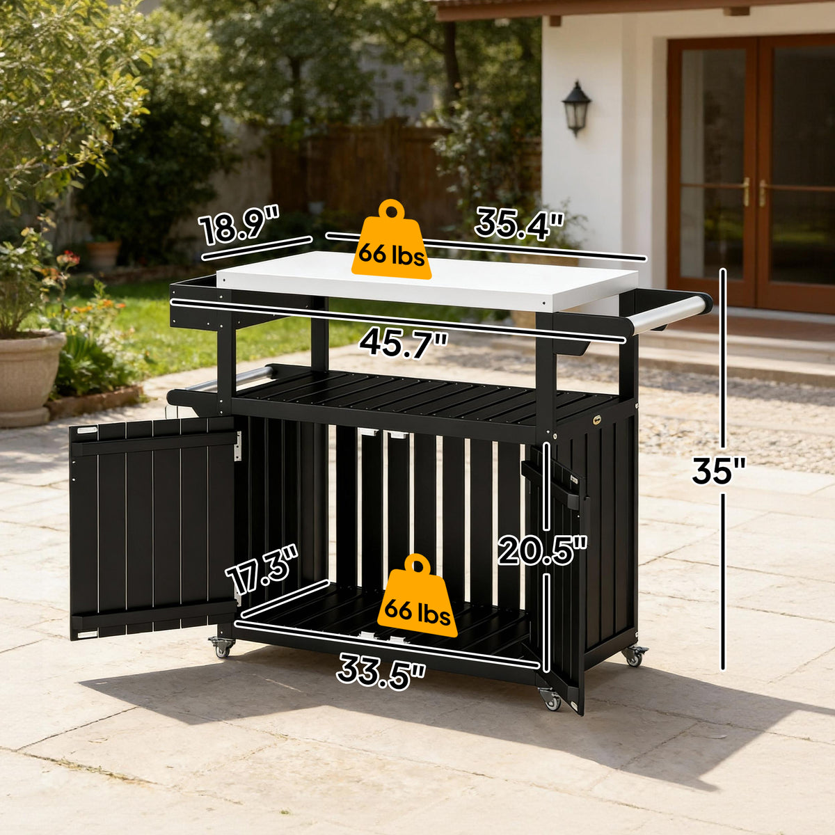 Outdoor Bar Cart with Storage, Stainless Steel Outdoor Bar Table Top, Wheeled HDPE Kitchen Island for Food Prep, Black