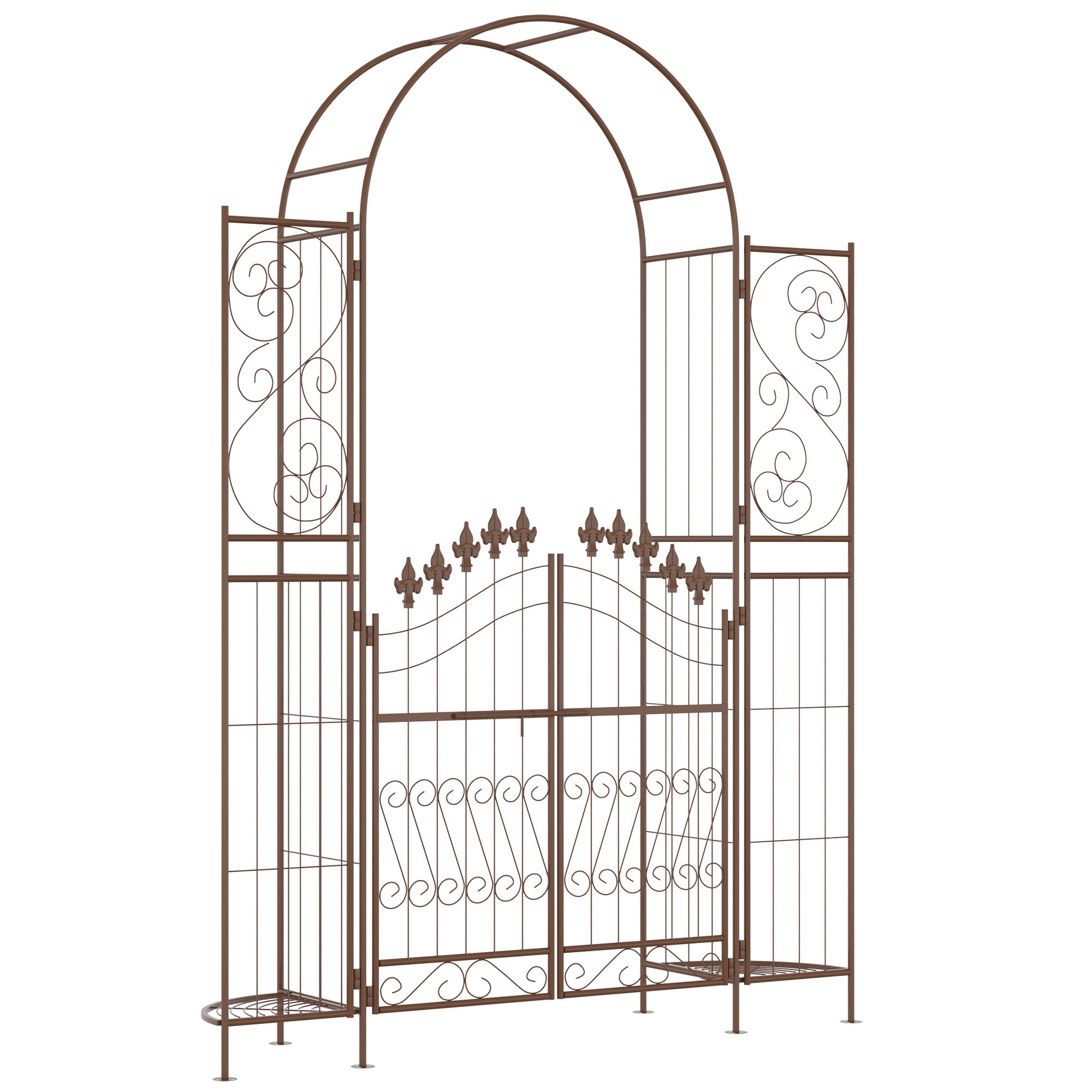 7' Metal Garden Arbor, Garden Arch with Gate, Fleur De Lis Motif, Latching Doors, Planter Shelves for Climbing Vines, Ceremony, Weddings, Party, Garden, Backyard, Lawn, Brown - Brown