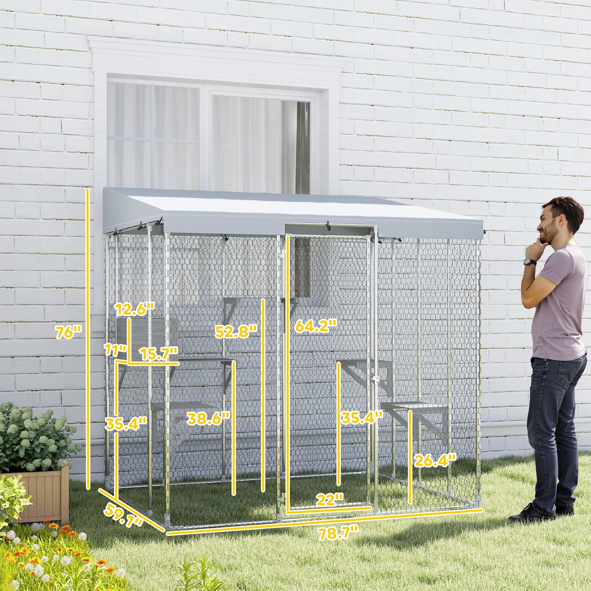 79" Galvanized Steel Large Catio with Waterproof Canopy, Sleeping Box, Jumping Platforms, for 1-3 Kittens, Silver - Silver - Image 3