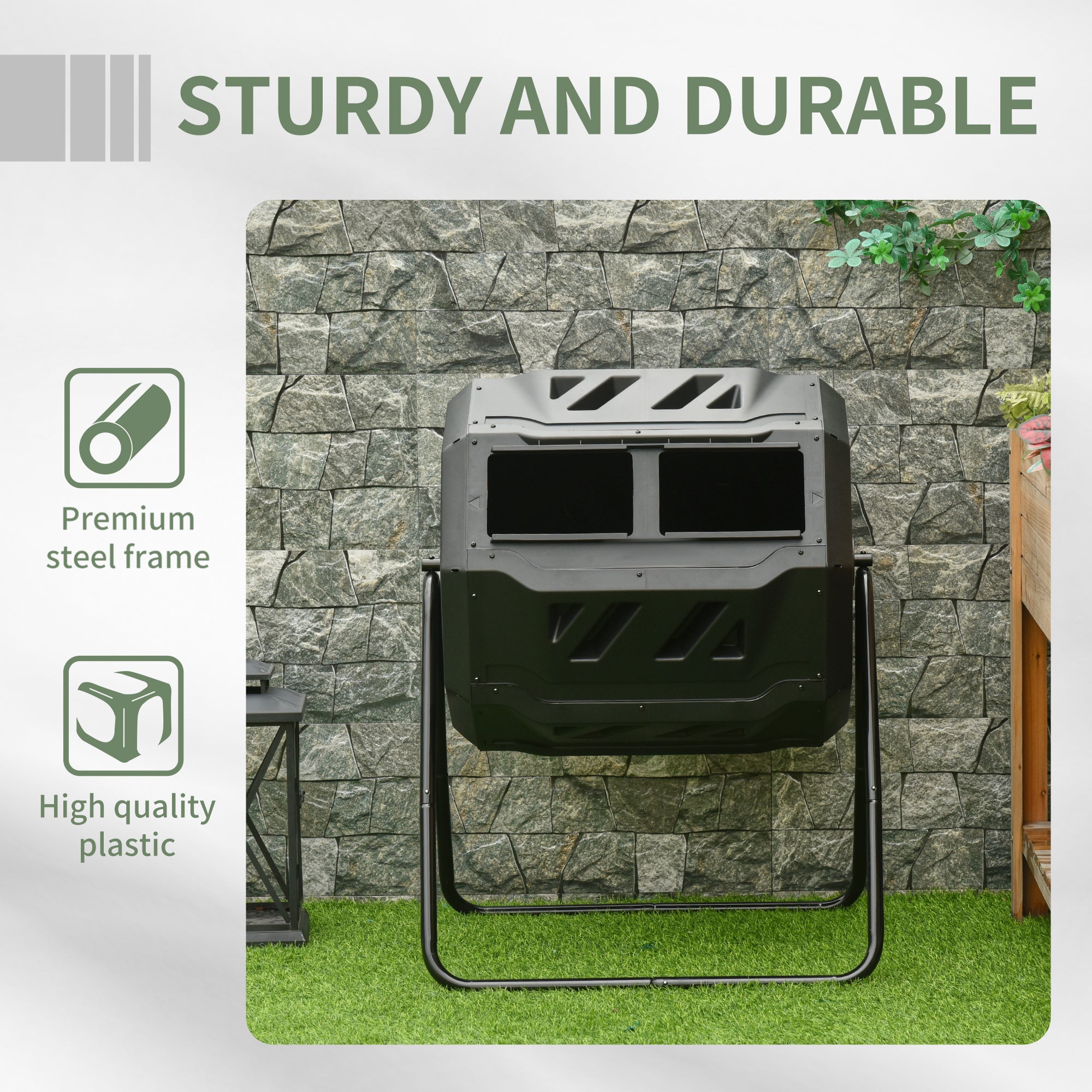 Tumbling Compost Bin Outdoor 360° Dual Chamber Rotating Composter 43 Gallon, Black - Black - Image 7