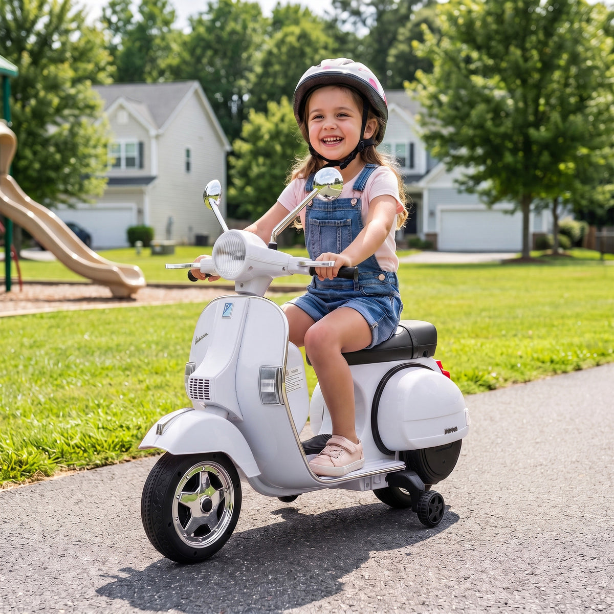 12V Kid Motorcycle, Electric Motorbike with Training Wheels, Rear Suspension, Steering Limitation for 3-6 Years, White