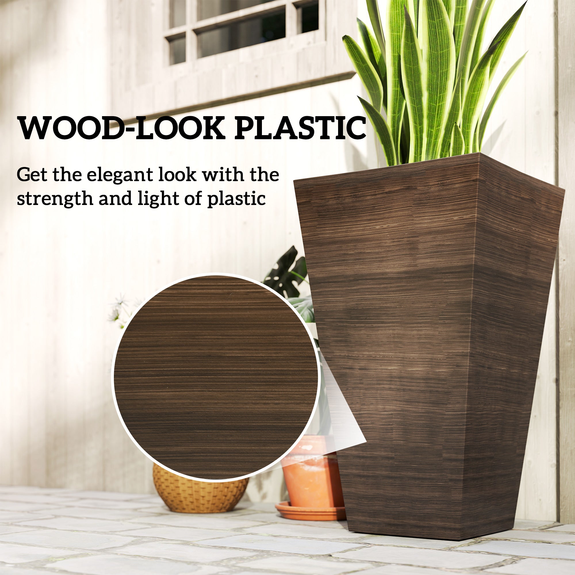 Set of 3 Tall Planters, 28" Outdoor Planter w/ Drainage Holes, Faux Wood Plastic Flower Pots, Brown - Brown - Image 6