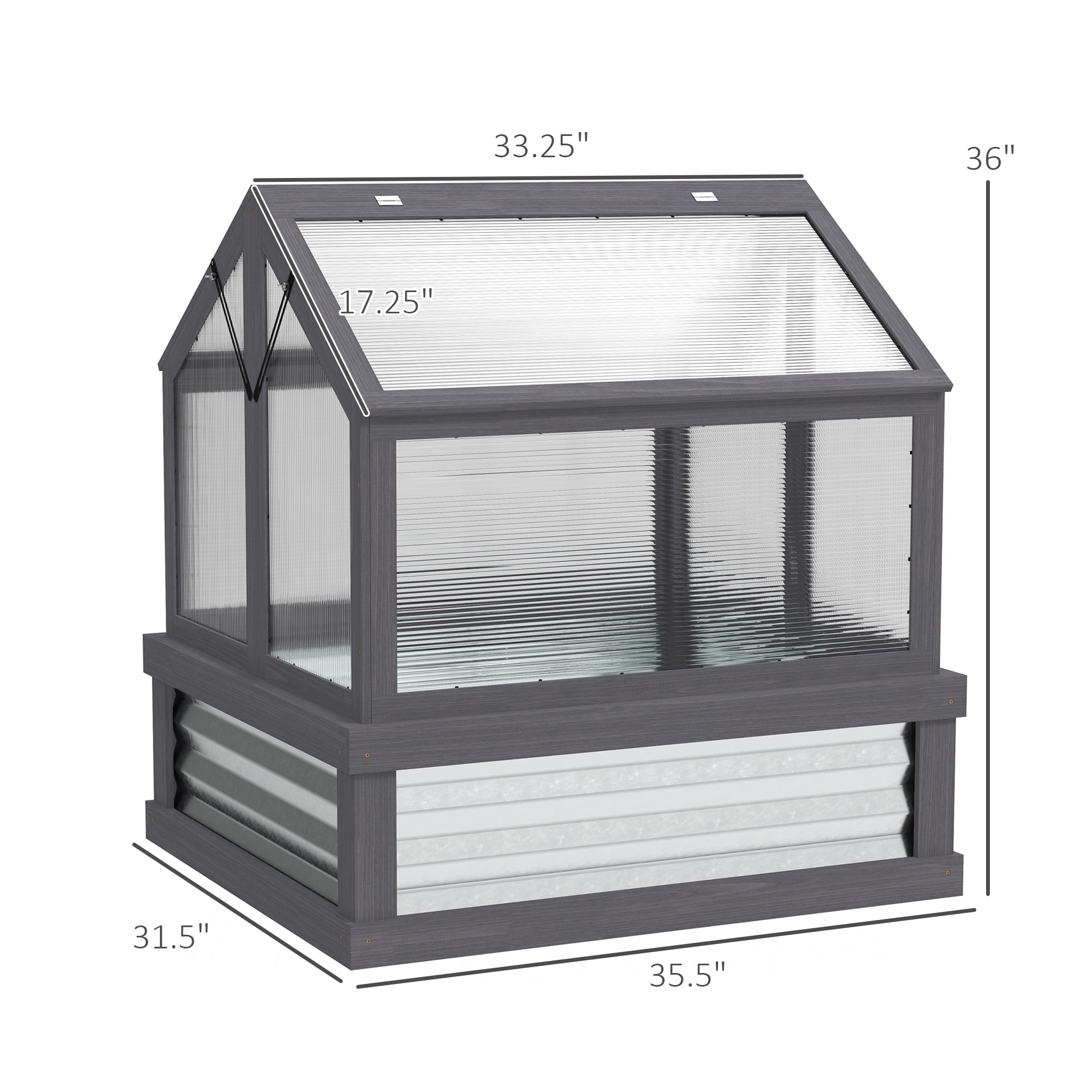 Raised Garden Flower Bed Kit with Greenhouse, Wooden Cold Frame Planter, 35.5" x 31.5" x 36", Gray - Gray - Image 3