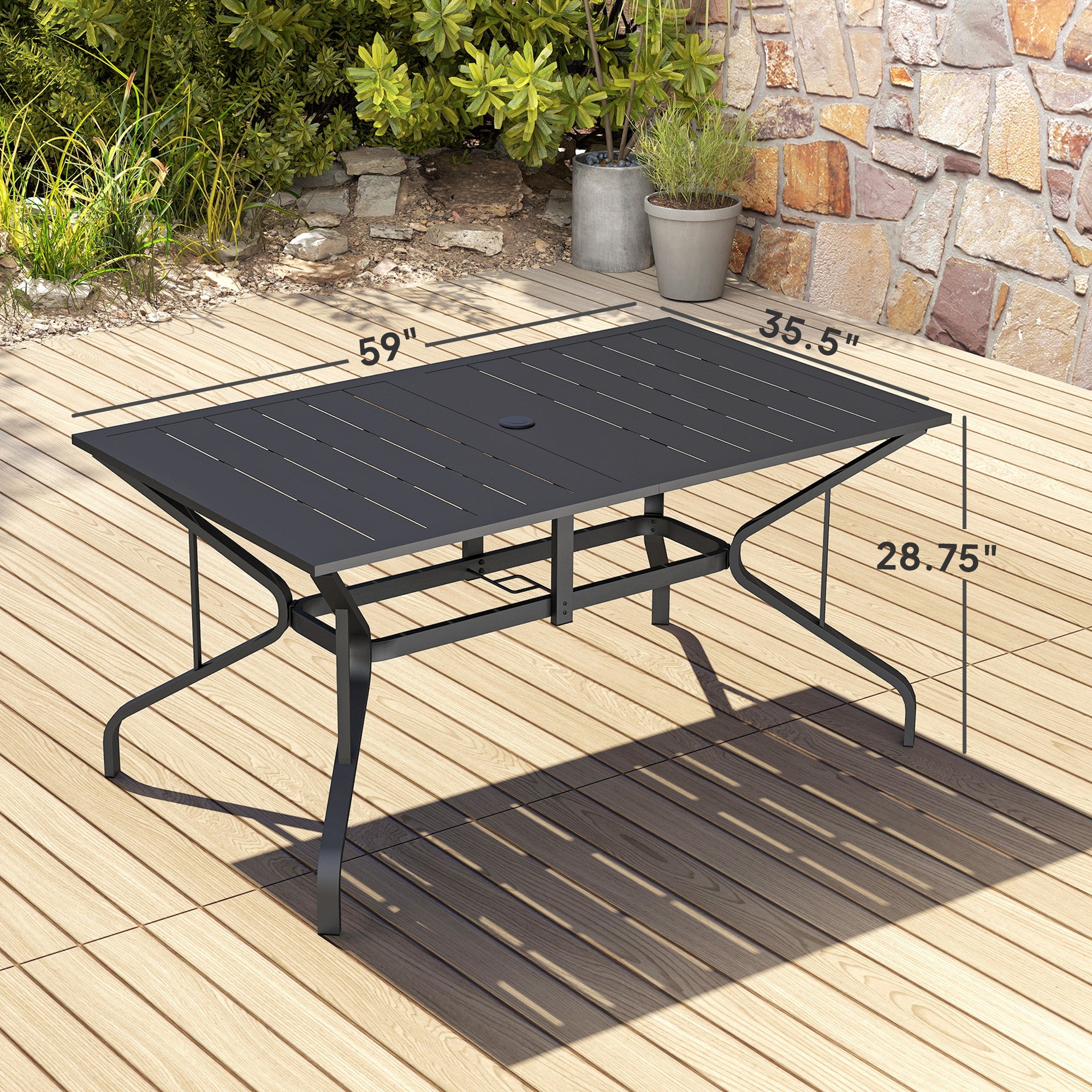 Rectangular Patio Table with Umbrella Hole, Steel Rectangle Outdoor Dining Table for 6 People for Garden, Black