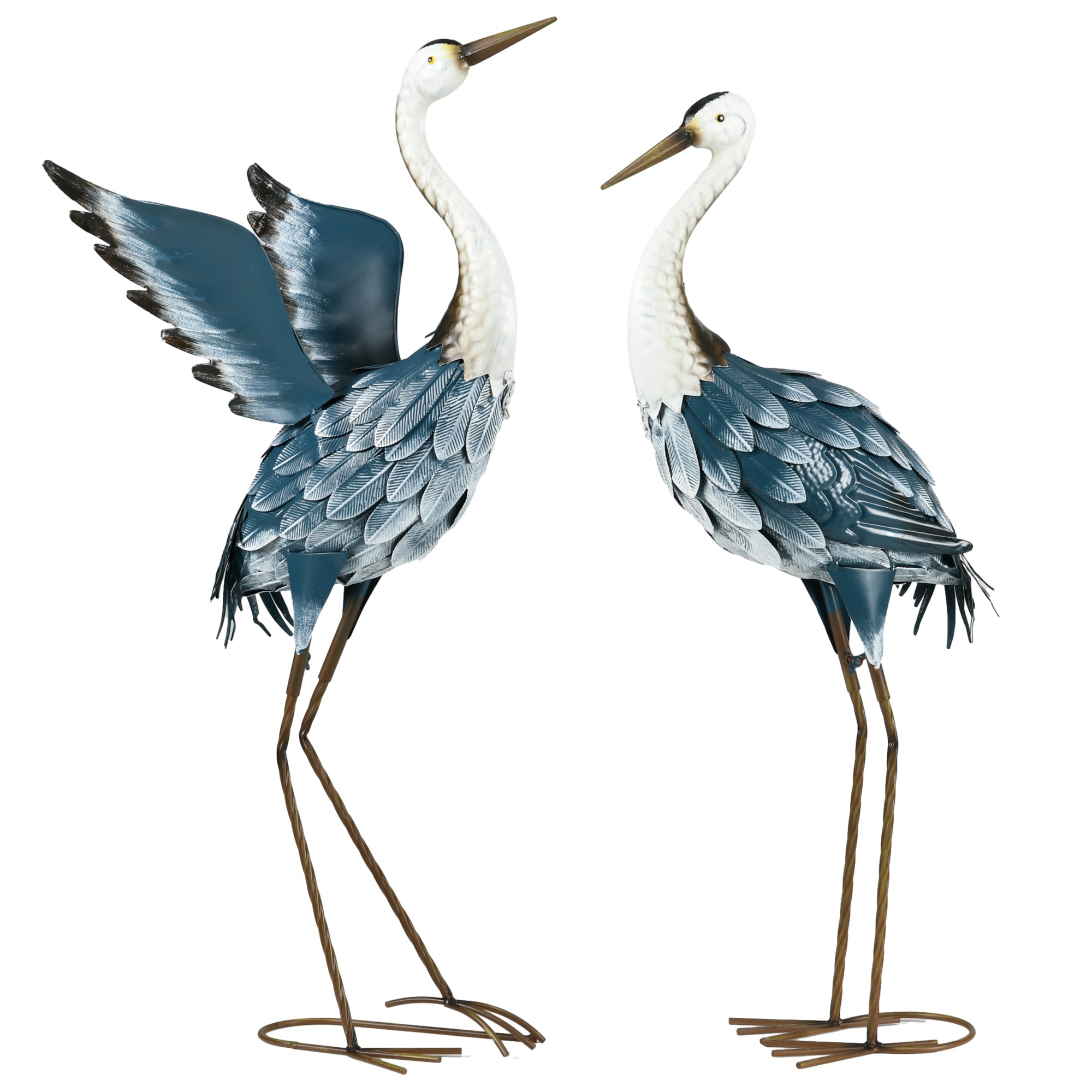 Set of 2 Garden Sculptures, Heron Garden Statues for Lawn, Patio, Backyard Decoration, 29" & 27.5", Blue & White