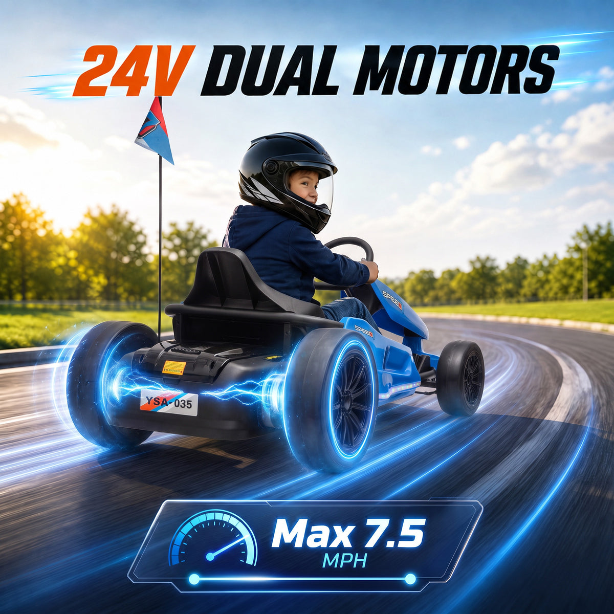 24V Electric Drift Go Kart for Kids with Dual Motors, Soft Start, PU Wheels, 7.5MPH High Speed, for Ages 6-14, Blue