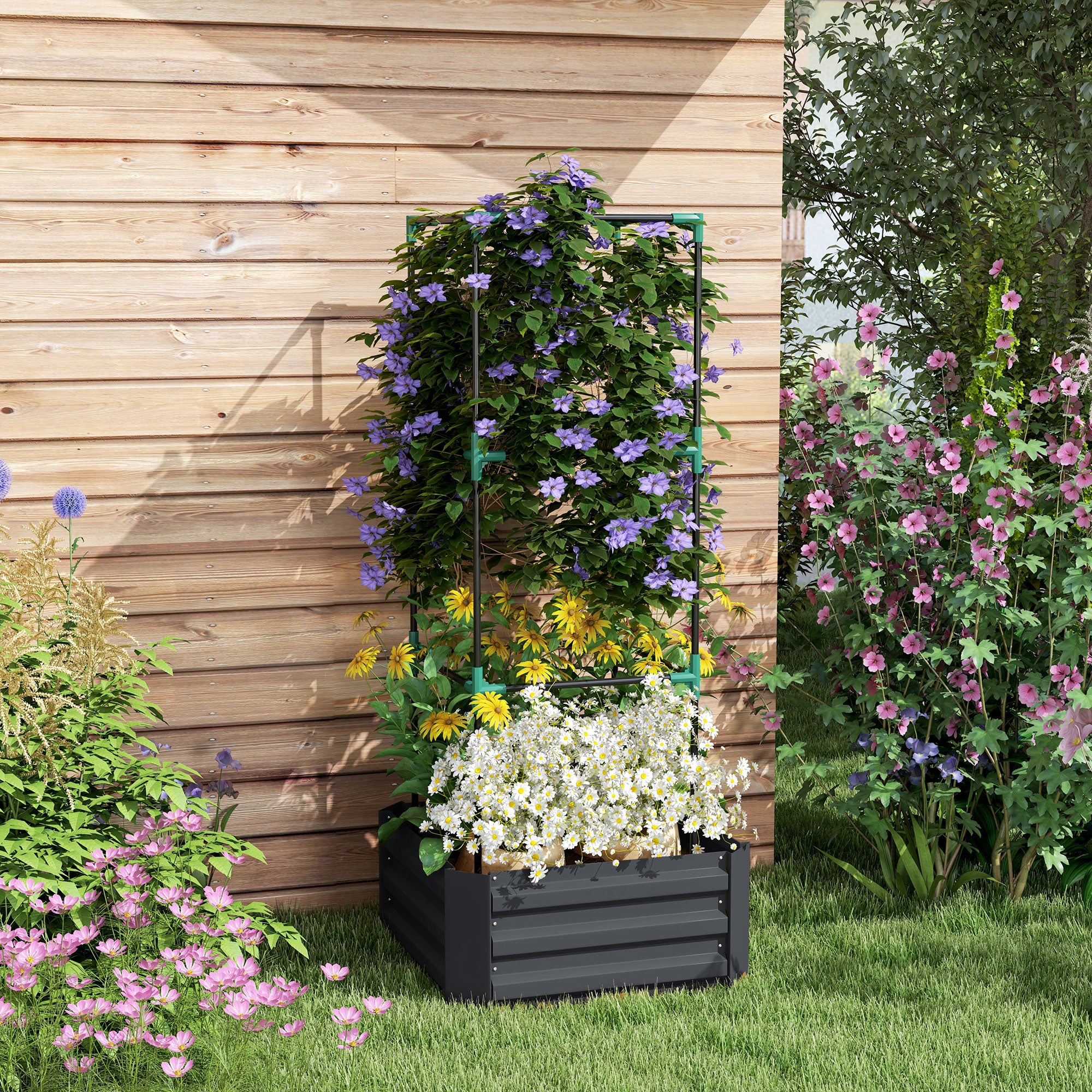 Galvanized Planter Box, 24" x 24" x 55" Raised Garden Bed with Tomato Cage for Climbing Vines, Dark Gray - Dark Gray - Image 2