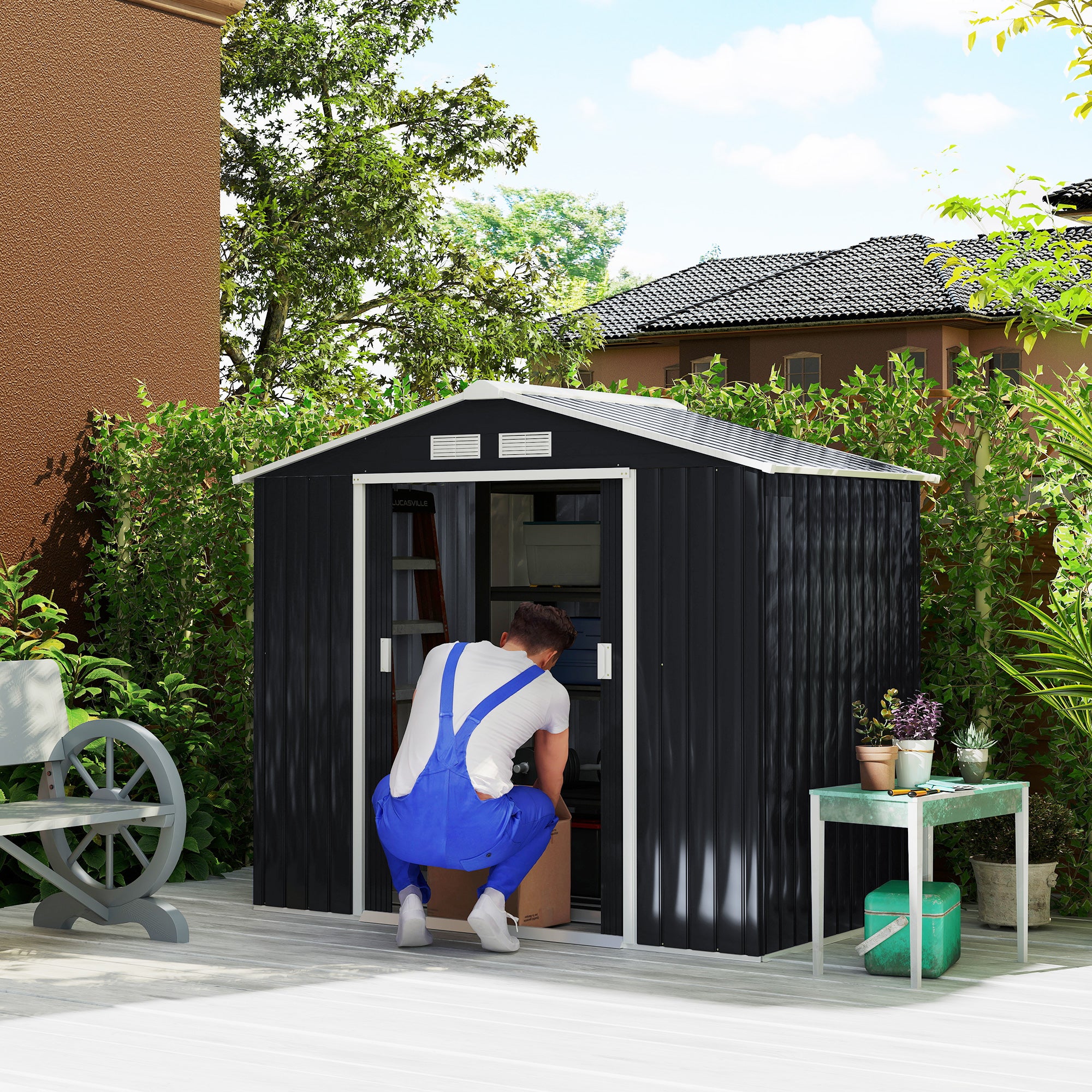 7'x4' Metal Outdoor Shed Organizer & Garden Storage with 4 Vents for Airflow & 2 Easy Sliding Doors - Dark Gray - Dark Gray - Image 2