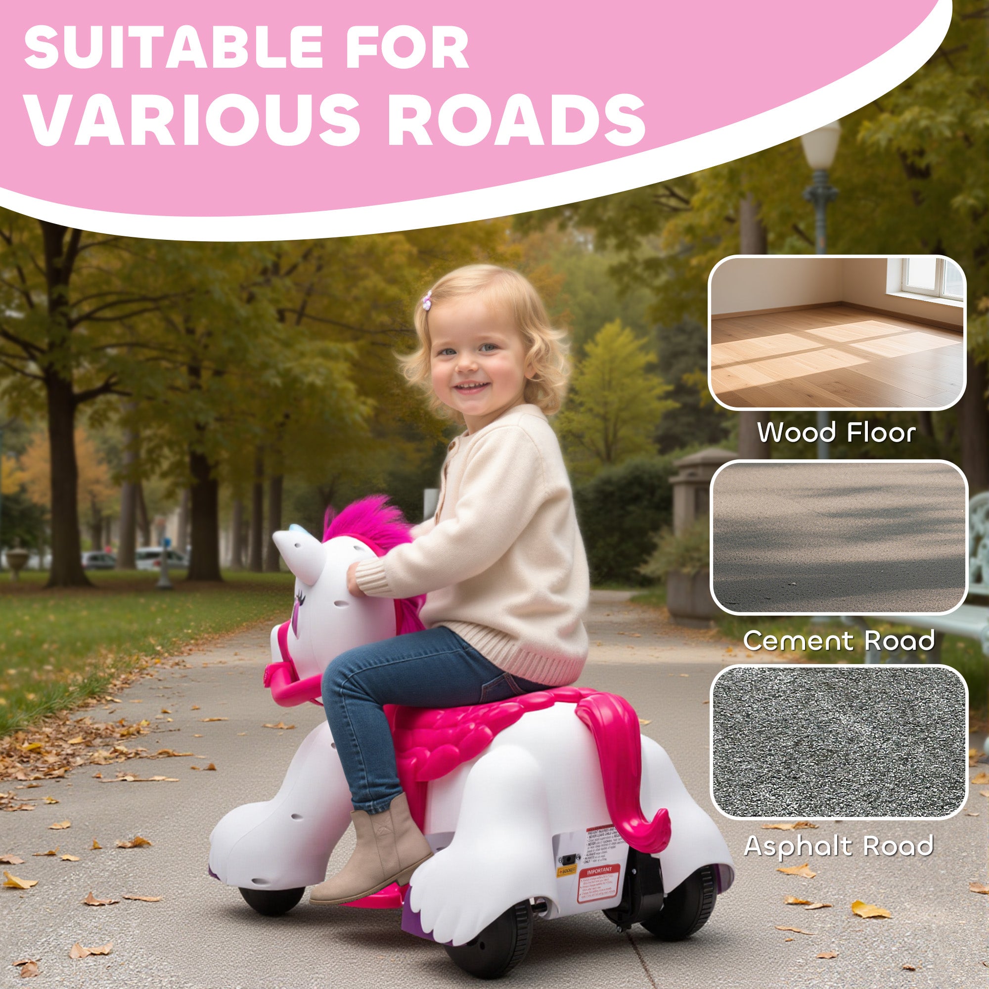 12V Unicorn Ride on Horse with Carrot Toy, Comb, Animal Sounds, for Girls Boys Aged 1.5-3 Years Old