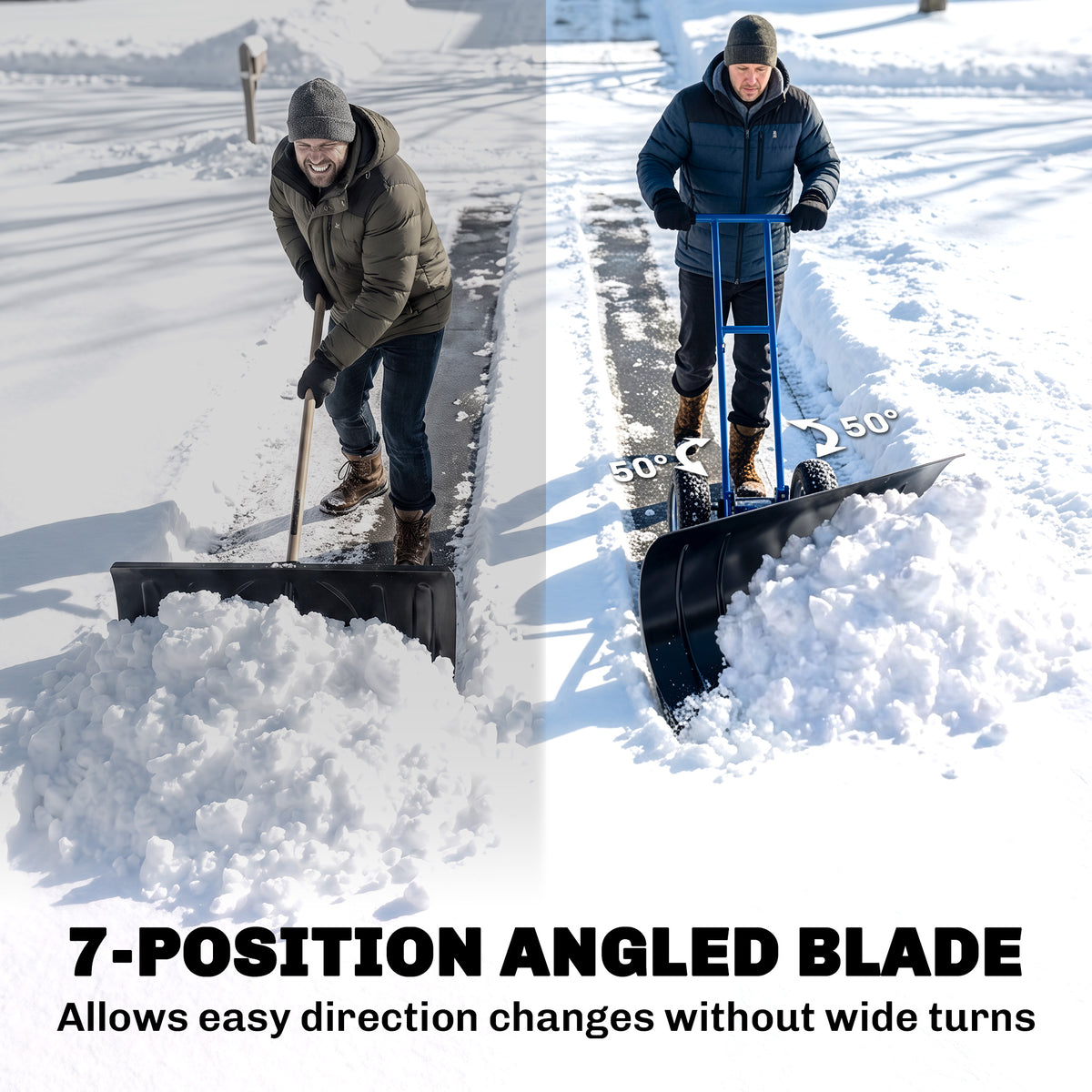 Snow Shovel with Wheels, 29" Metal Snow Pusher with Adjustable Handle, 7-Angle Blade, Wear Strip for Driveway, Blue