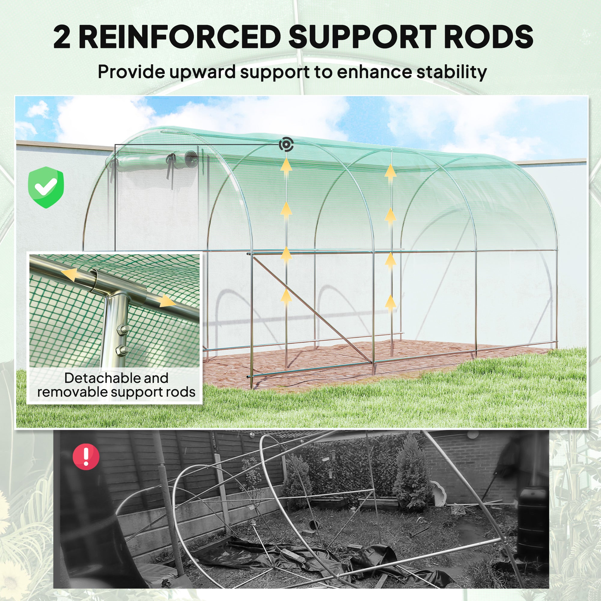 Hoop House Greenhouse, Walk-in Tunnel Greenhouse with 2 Support Rods, Zippered Roll-up Mesh Door, 14.6'x6.5'x6.6', Green - Green - Image 4