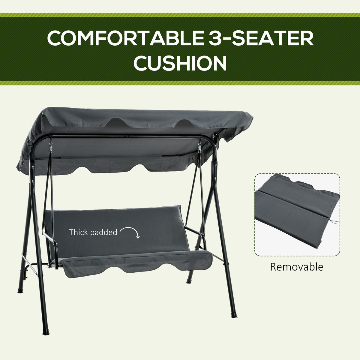 3-Seat Outdoor Patio Swing Chair w/ Cushion, Steel Frame Stand, Adjustable Tilt Canopy for Patio, Garden, Gray
