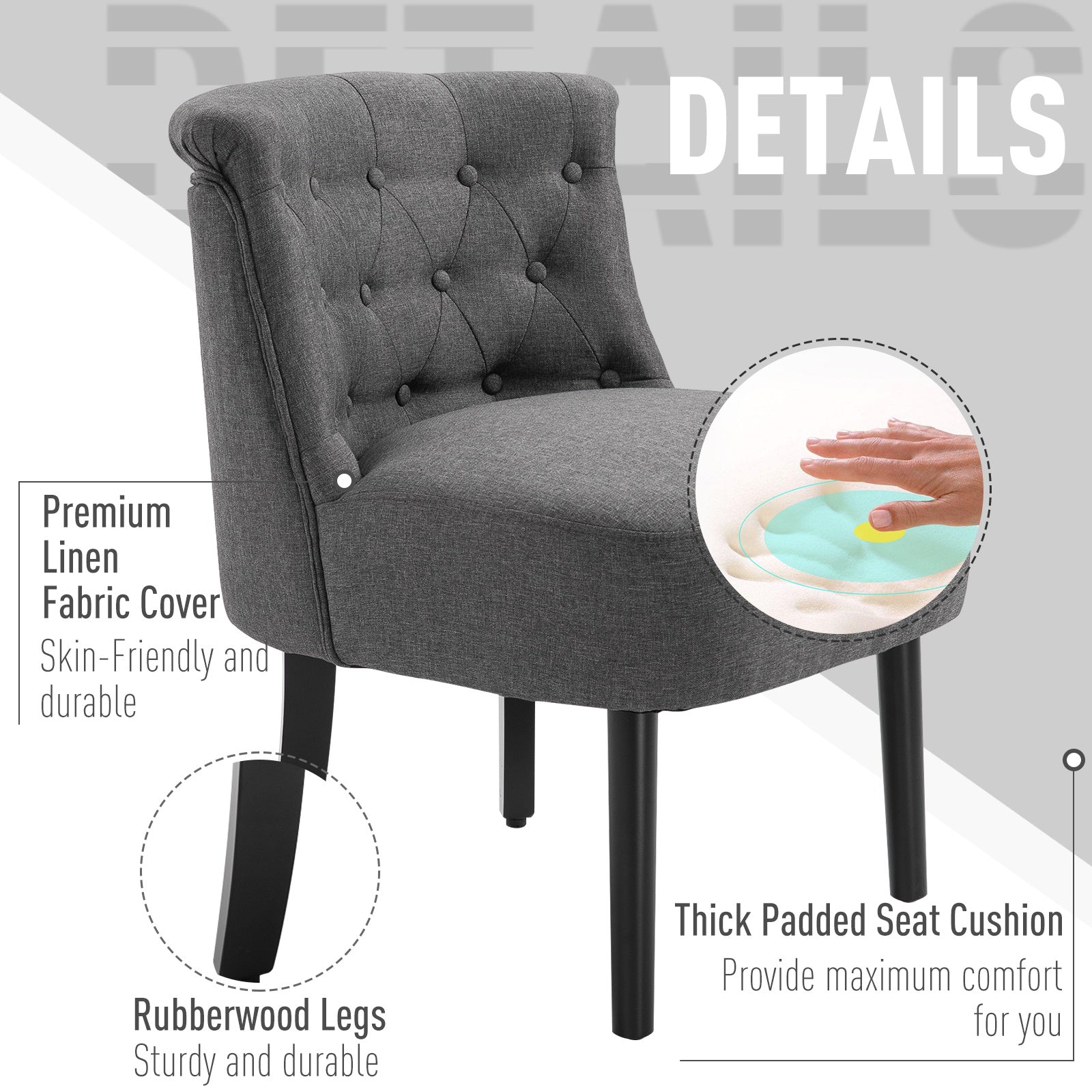 Modern Accent Leisure Chair with Mid Back Button-Tufted Upholstered Fabric and Wooden Legs for Living Room and Bedroom, Grey