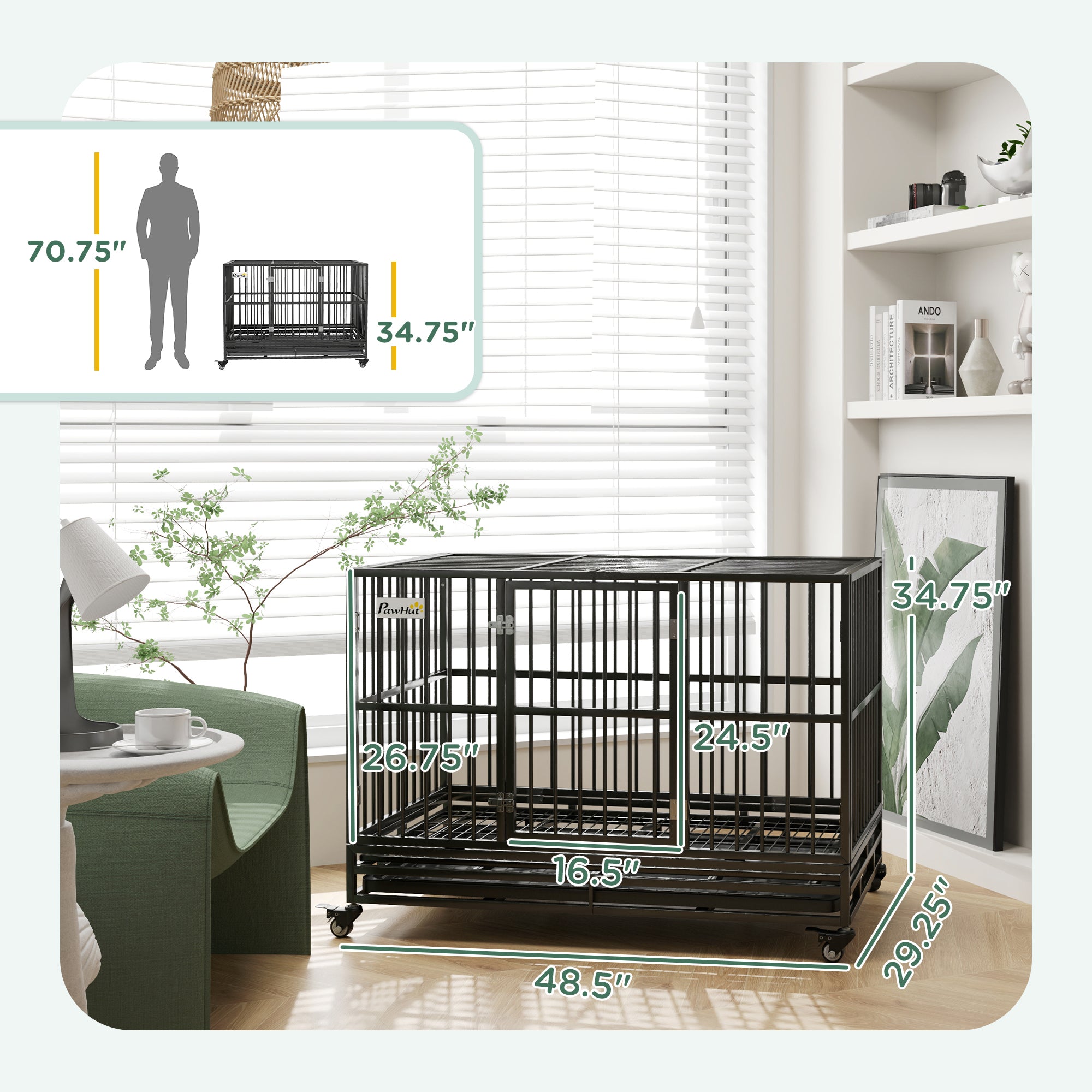 48" Heavy Duty Dog Crate Metal Cage Kennel with Lockable Wheels, Double Door and Removable Tray, gray - Gray - Image 3