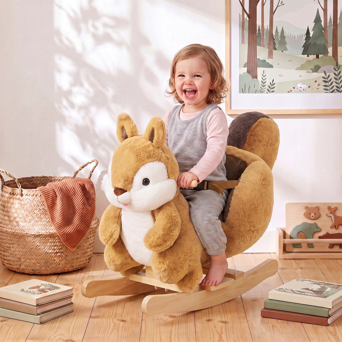 Baby Rocking Horse for Toddlers 1-3 Years, Squirrel Rocking Horse Toy with Sounds, Seat Belt and Rocking Stopper, Brown