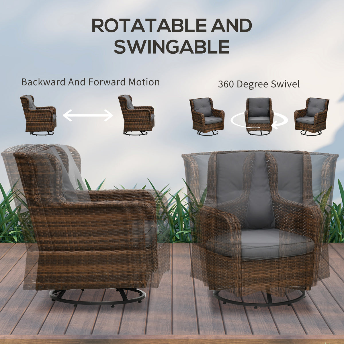 4 Piece PE Rattan Outdoor Patio Furniture Set, Wicker Conversation Set with 2 Swivel Glider Chairs, 2-Tier Glass Table and Loveseat for Garden, Patio, Poolside, Gray