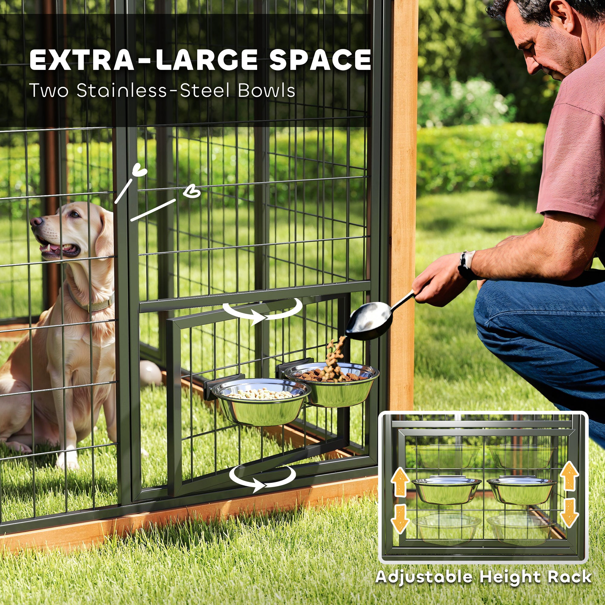 7' x 6' Extra Large Dog House, Wood Outdoor Dog Kennel with Storage Cabinet, Stainless Steel Bowls, Light Yellow - Yellow - Image 7