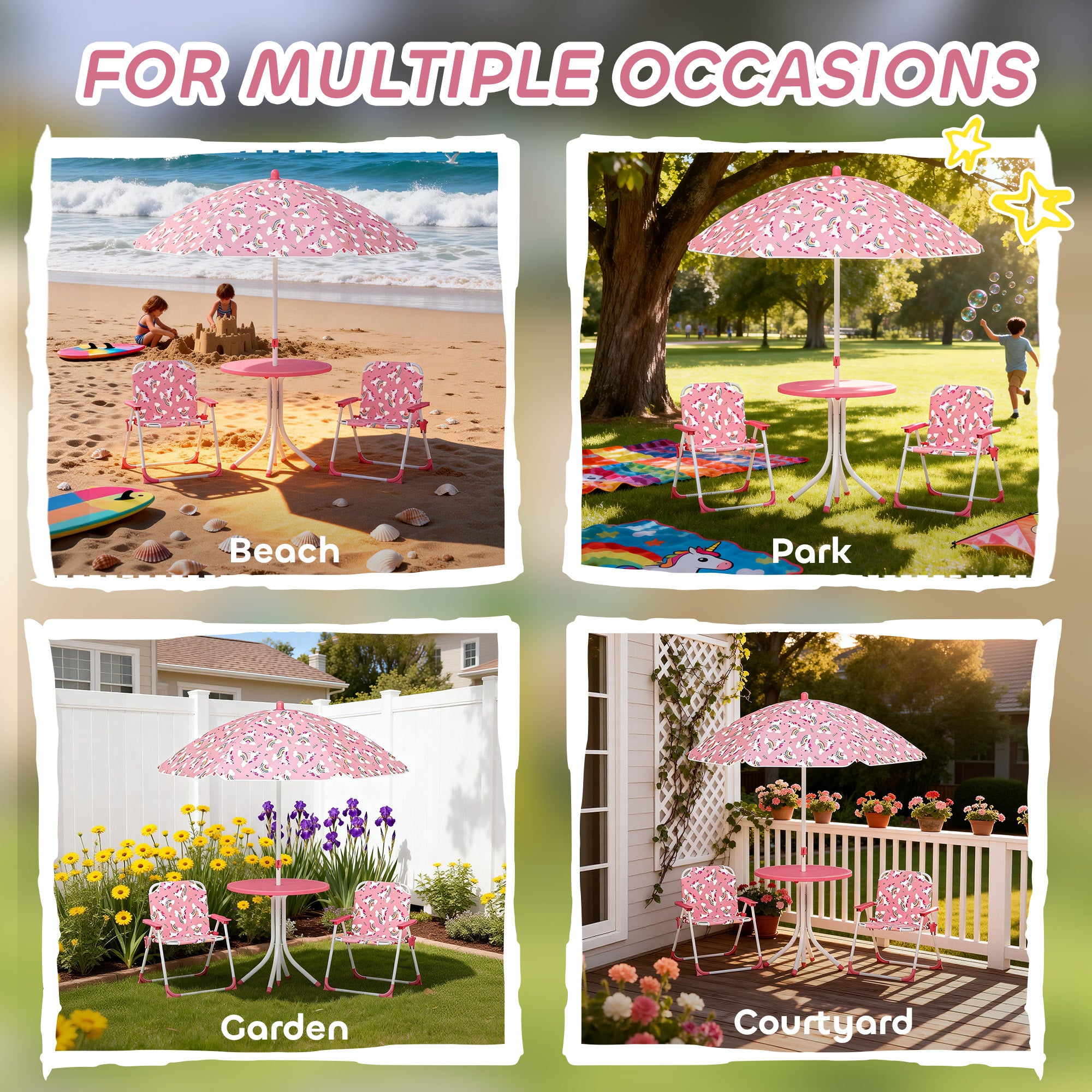 Kids Picnic Table, Kids Table and Chair Set with 2 Folding Chairs and Umbrella for Backyard, Garden, Patio, Pink