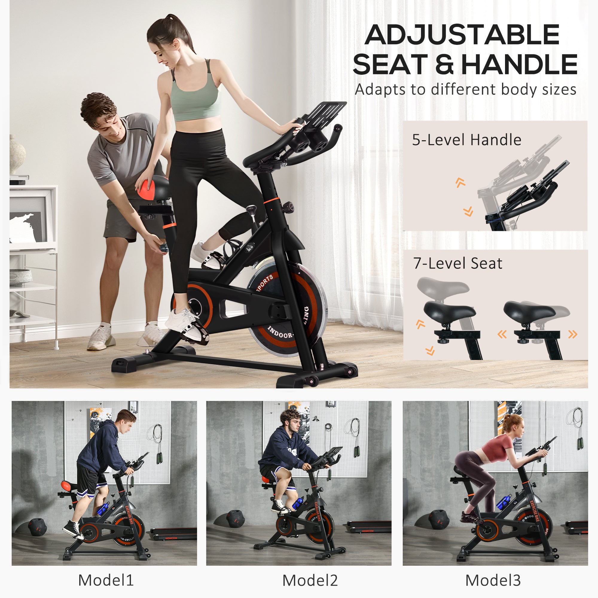 Exercise Bike, Flywheel Indoor Stationary Bike, Adjustable Height and Resistance, with LCD Monitor, Comfortable Seat Cushion, 264 lbs Capacity, Black and Red