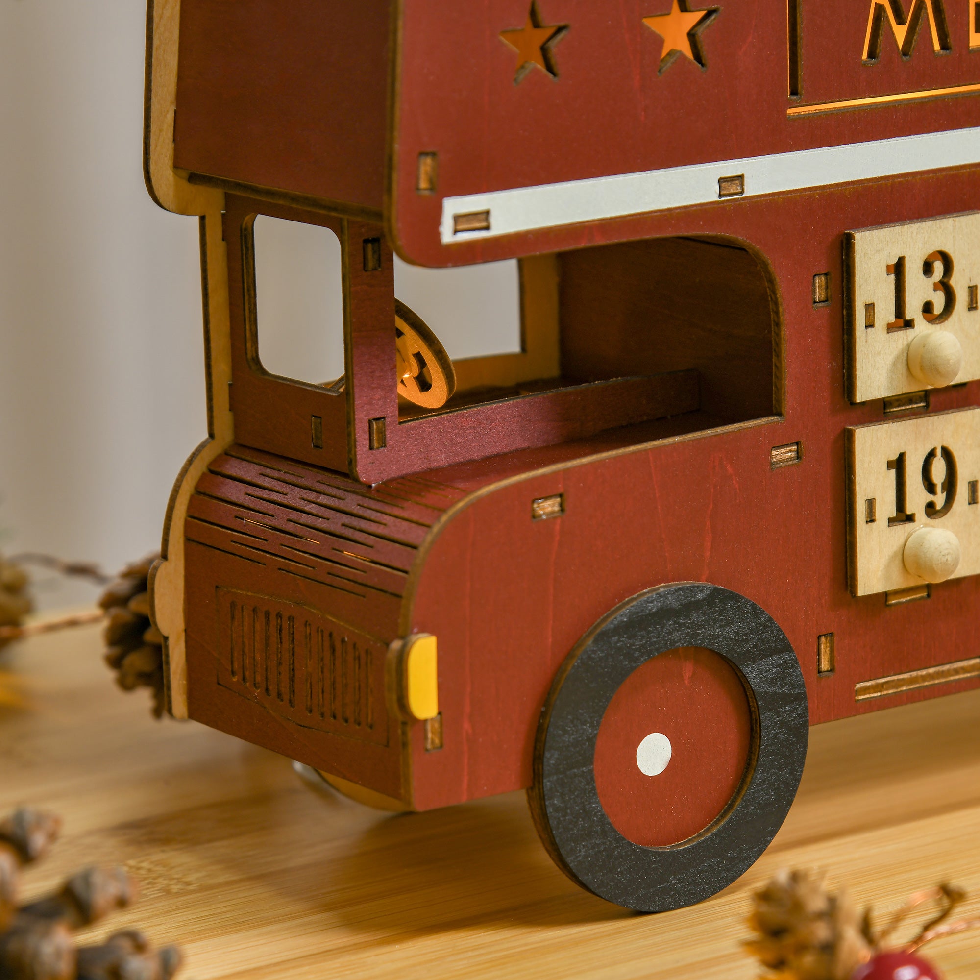 Christmas Advent Calendar, Light Up Table Xmas Wooden Bus Holiday Decoration with Countdown Drawer, Santa Claus Street House, for Kids and Adults
