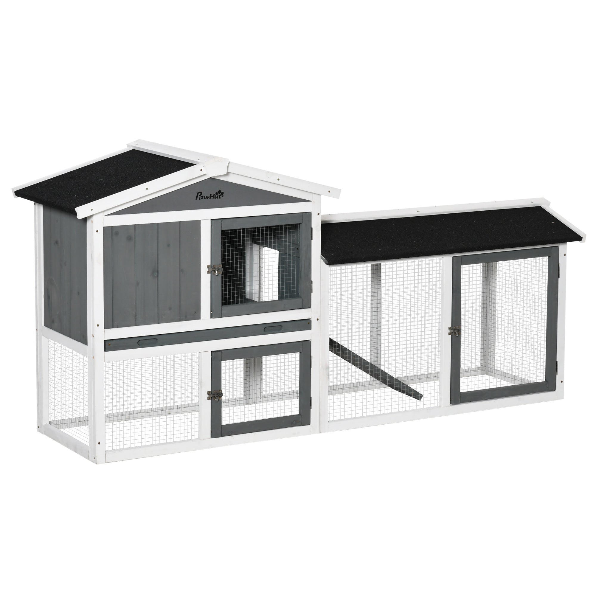 Wooden Rabbit Hutch with Run, Tray, Ramp for 1-3 Rabbits, Guinea Pigs, White - White