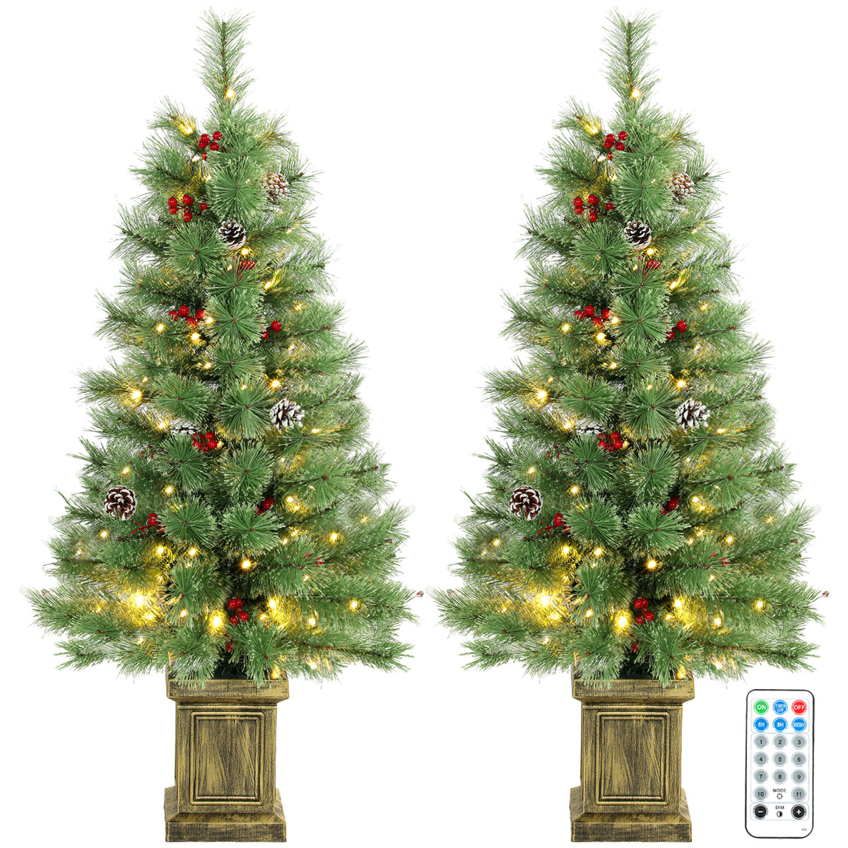 4ft Pre-Lit Artificial Christmas Tree Set of 2, Xmas Pine Trees, Dual Colors, Remote, Green
