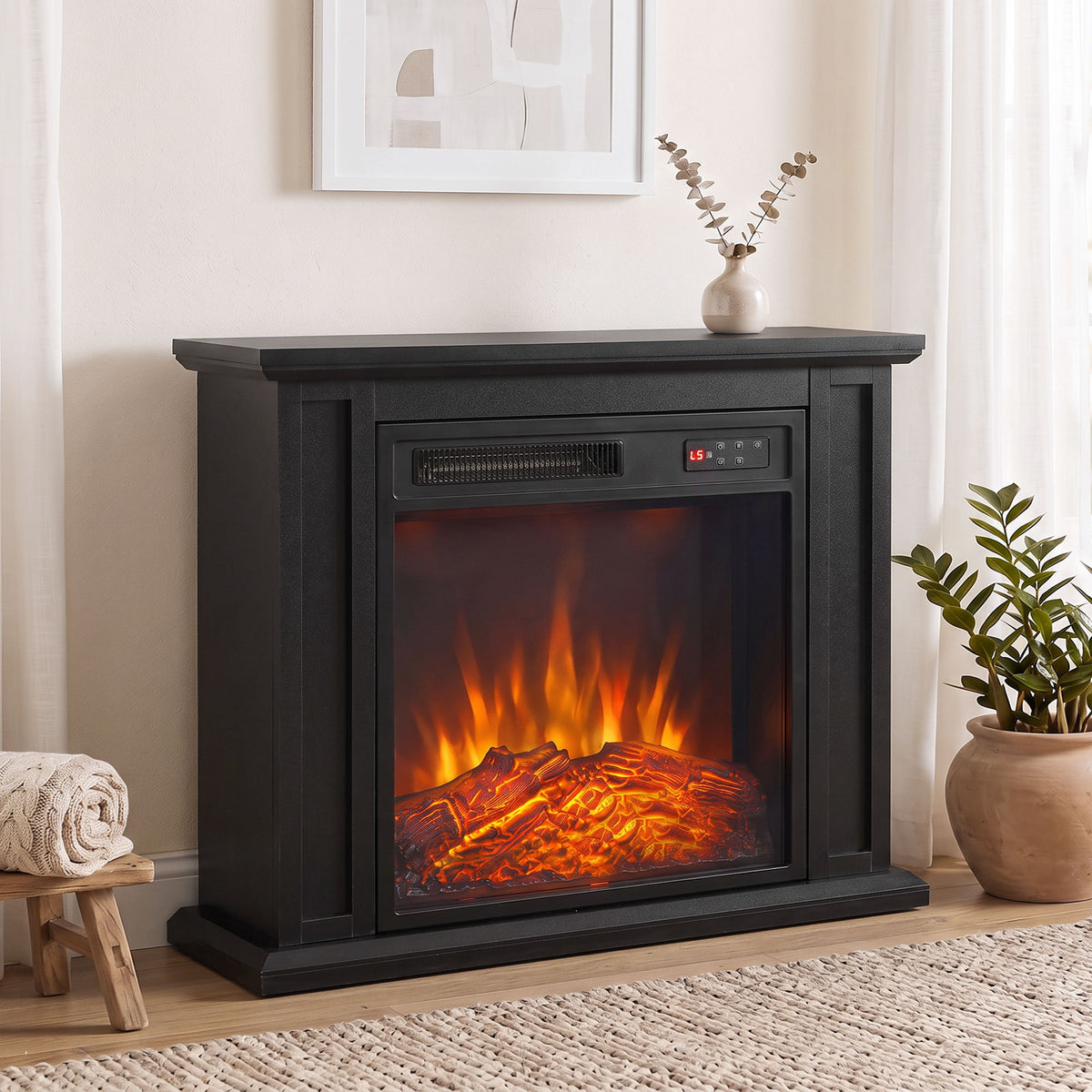26" Electric Fireplace with Mantel, 1400W Freestanding Fireplace TV Stand with Adjustable Flame, Timer, Remote, Black