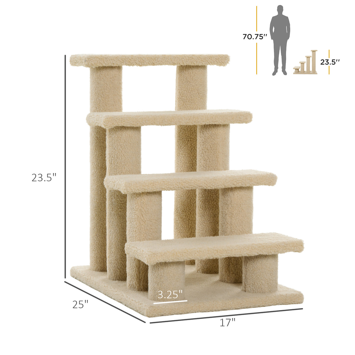 25" 4-Step Multi-Level Carpeted Cat Scratching Post Pet Stairs, Cream White