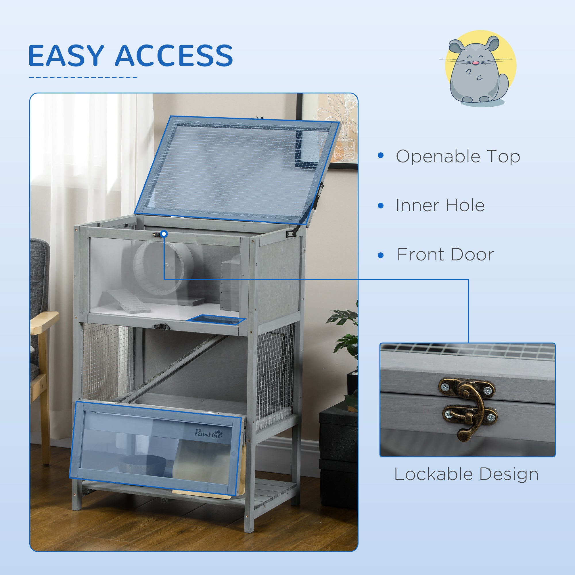 Wooden Hamster Cage with Storage Shelf, Large Rat Mouse Habitat Including Seesaw, Small Animal Cage with Sliding Tray, Wide Ramp for Racing, Running Wheel, 35.5" H - Grey - Image 5