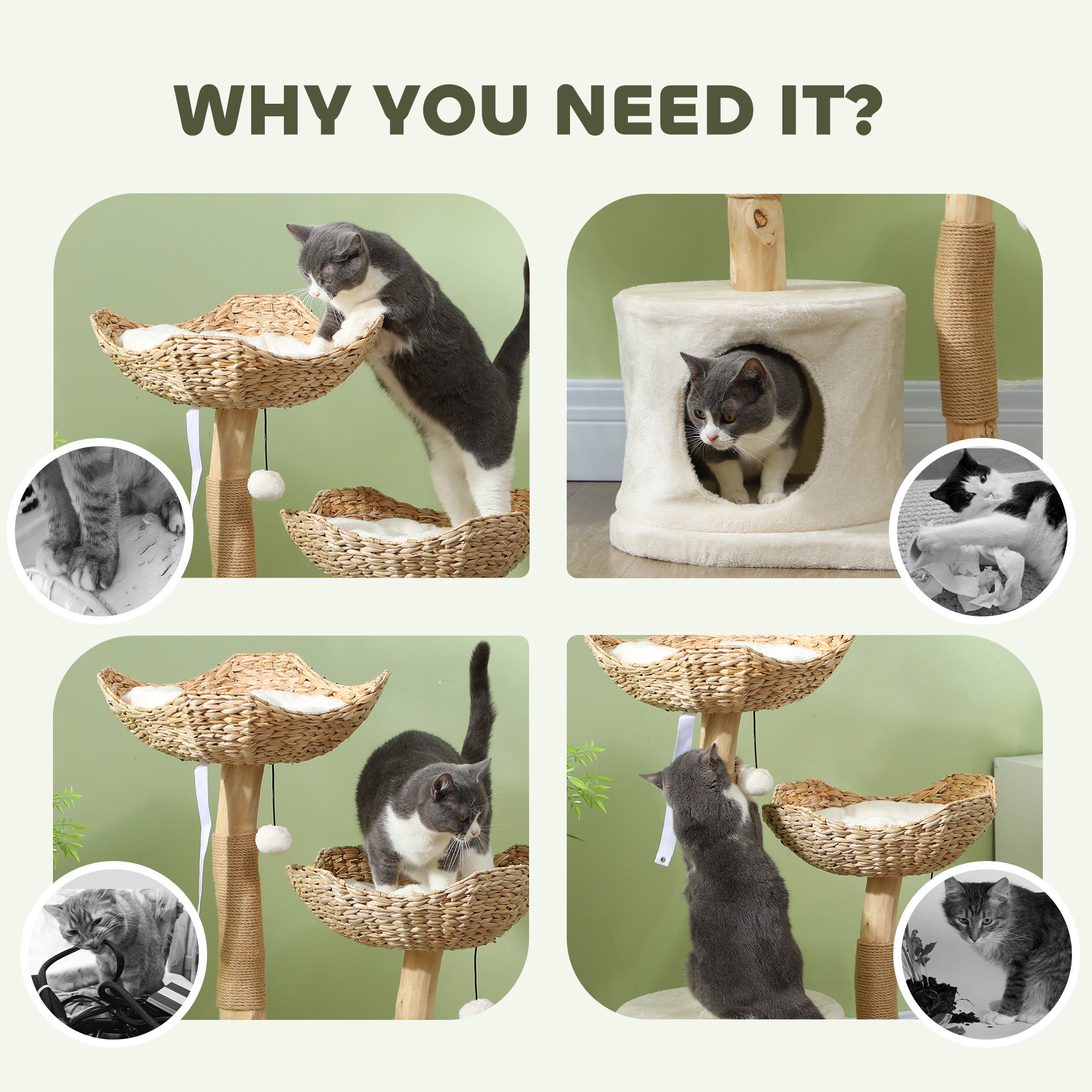 37 Inch Modern Cat Tree w/ Wooden Scratching Posts, Condo, Beds, Cushions, Toy Balls & Anti-Tip Kit - Cream White - Image 7