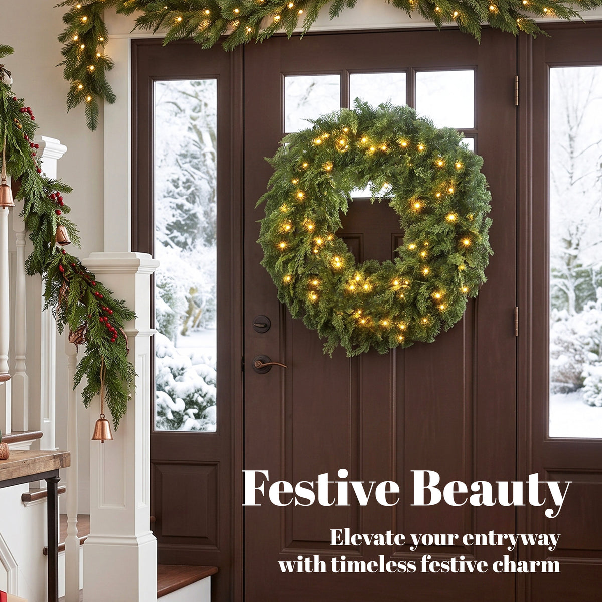 36" Prelit Crestwood Spruce Artificial Christmas Wreath, Christmas Decor with Bow, LEDs, 8 Modes, Realistic Tips