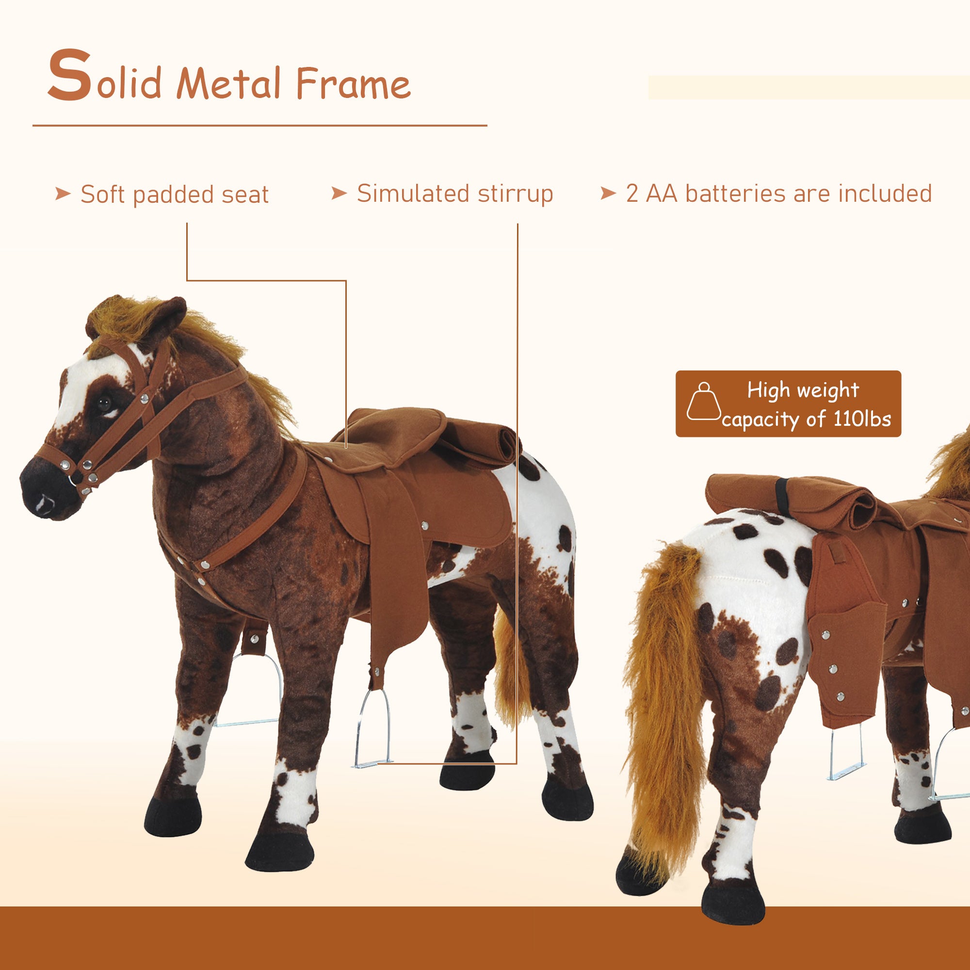 Sound-Making Ride On Horse for Toddlers 3-5, with Neighing and Galloping Sound, Stuffed Animal Horse Toy for Kids with Padding, Soft Feel, Brown